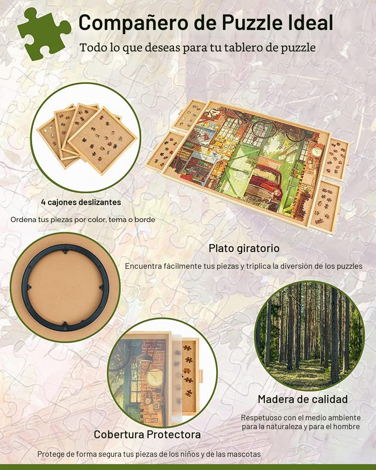 Tablero Giratorio de 1500 Piezas con cajón y Tapa, 64x87cm,Mesa portátil de Puzzles para Adultos, Tablero Giratorio de Puzzles Lazy Susan