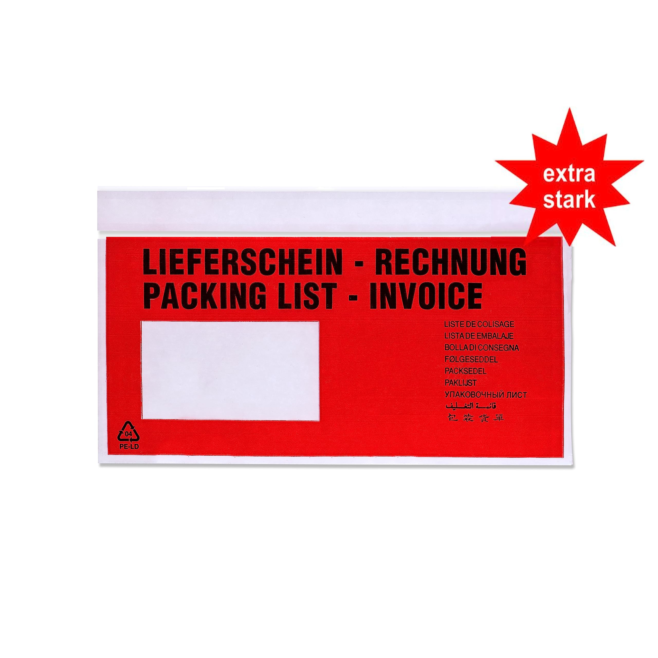Lieferscheintaschen DIN Lang dicke Qualität Begleitpapiertaschen UNIPACK-premium rot/klar 722182, 500 Stück
