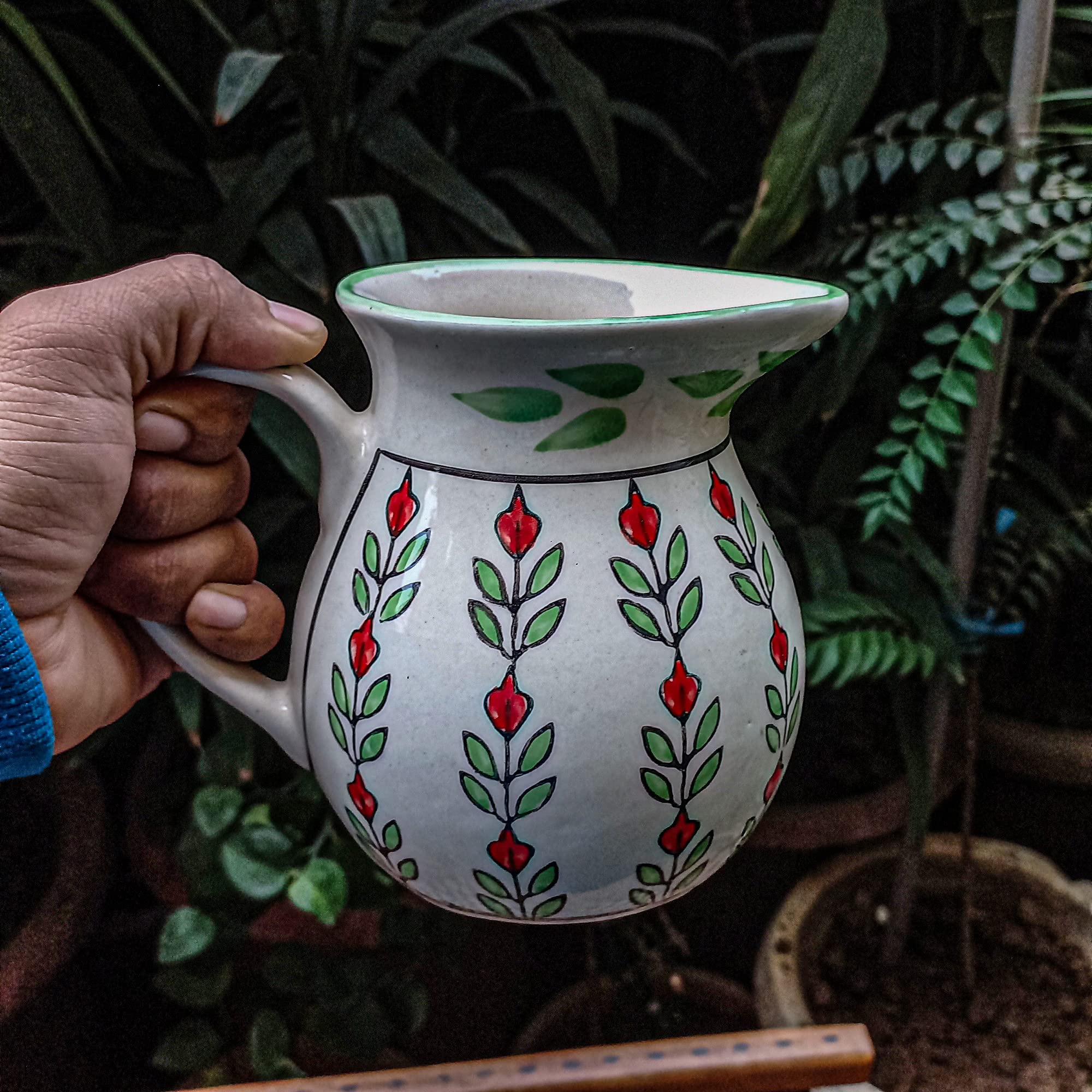 India Meets India Green & Blue Ceramic Floral Serving Jug Pitcher Container Serve Water Juices Beverages Shakes 800 ml Hand Painted by Awarded Artisan