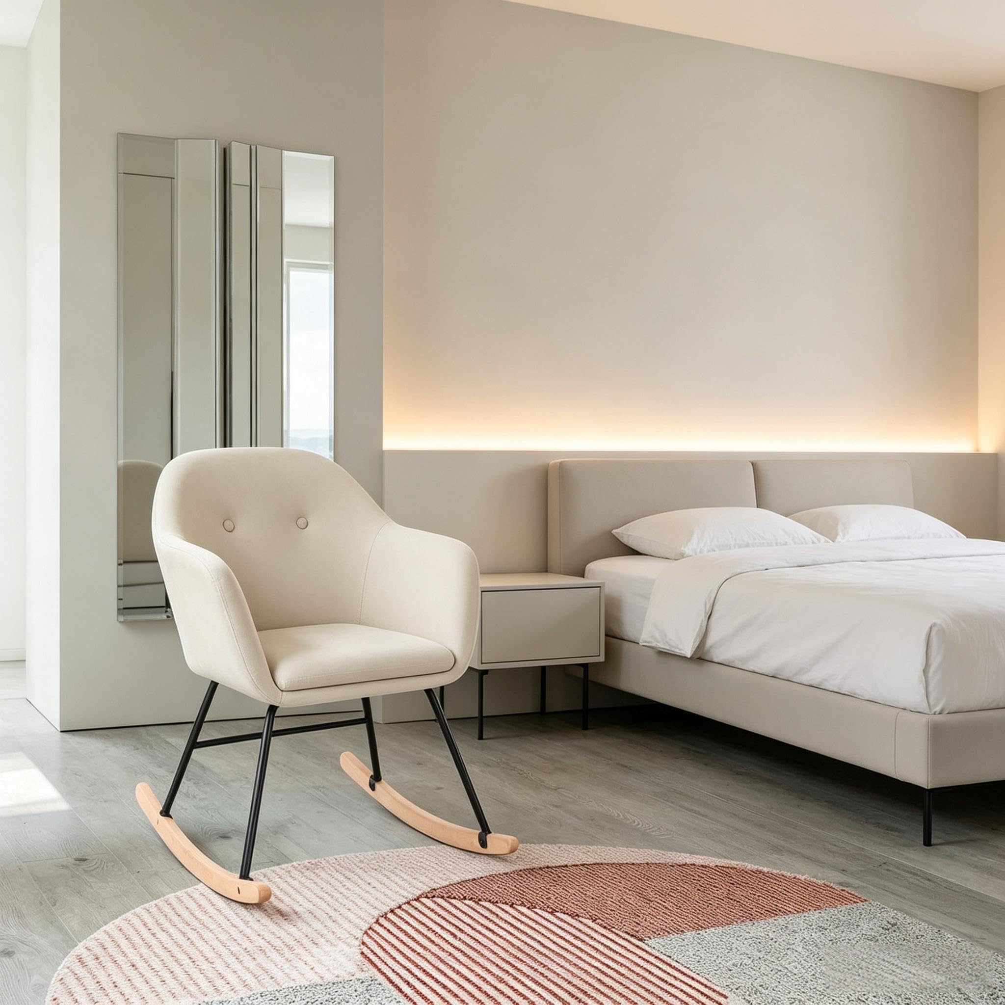 Fotel bujany, relaksacyjny, bujany z wysokim oparciem, tapicerowany aksamitny fotel bujany do salonu, ergonomiczny fotel do czytania z podłokietnikami, obciążenie 100 kg, kremowo-biały