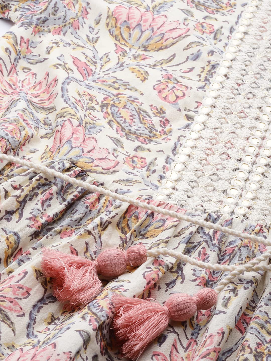 Anubhutee Women's Cotton Off White Mirror Work Printed A-Line Indo Western Dress