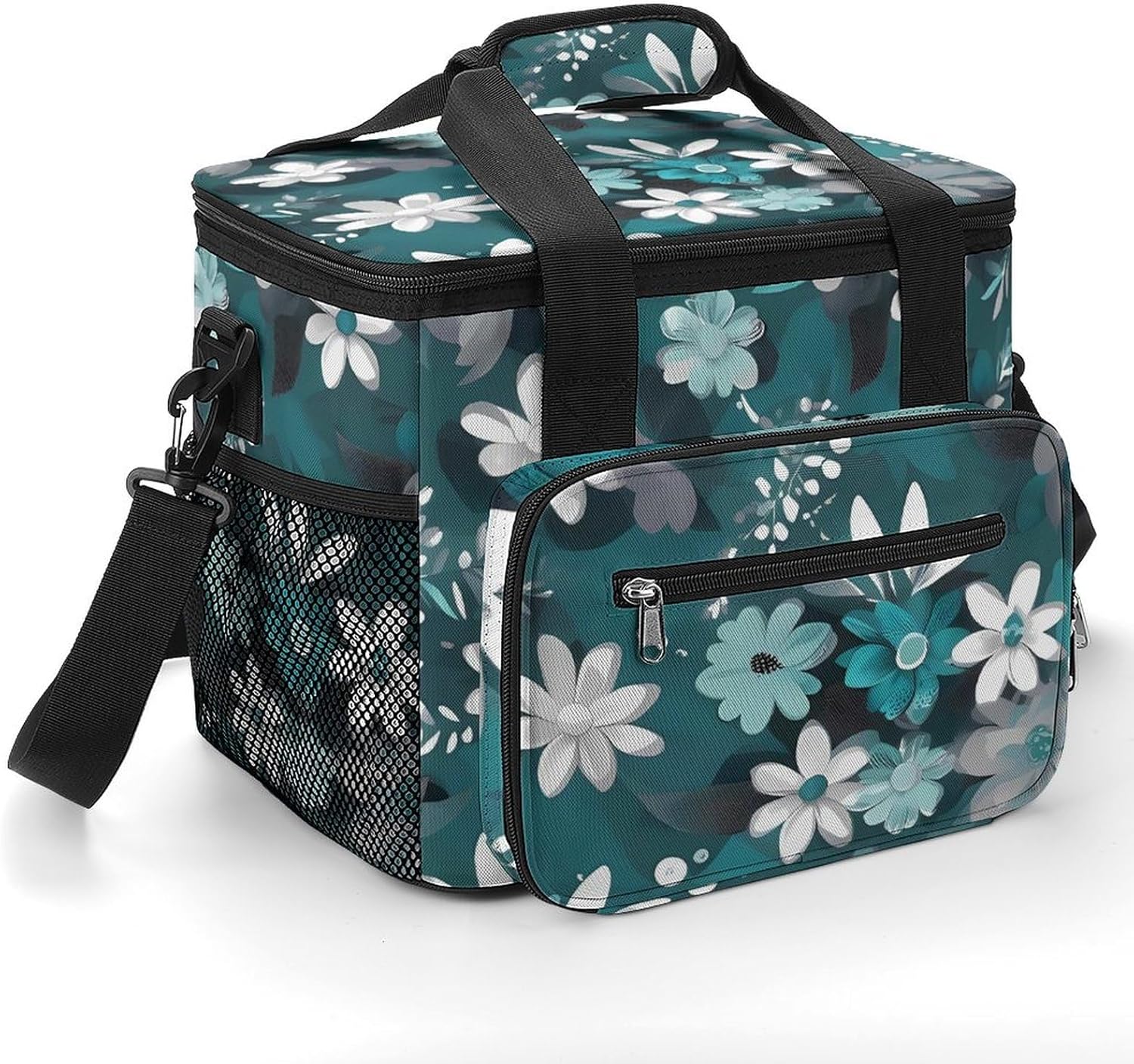Large-Capacity Oxford Cloth Teal Grey and White Floral Printed Camping Ice Bag, Outdoor Portable Insulation and Cold Storage Bag, Enjoy A Cool Camping Time