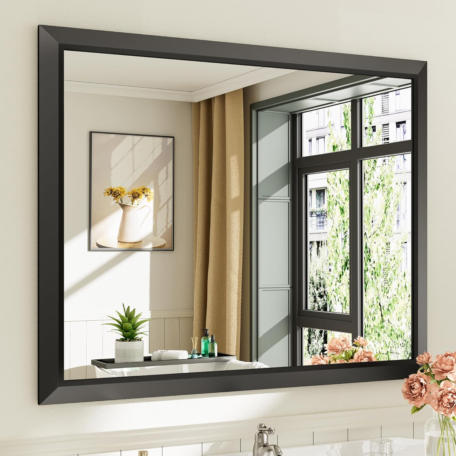 40x32 Inch Black Bathroom Mirror for Wall, Thick Metal Framed Rectangle Mirrors for Over Sink, Bedroom, Living Room, Entryway, Anti-Rust, HD Tempered Glass Black 40"L x 32"W