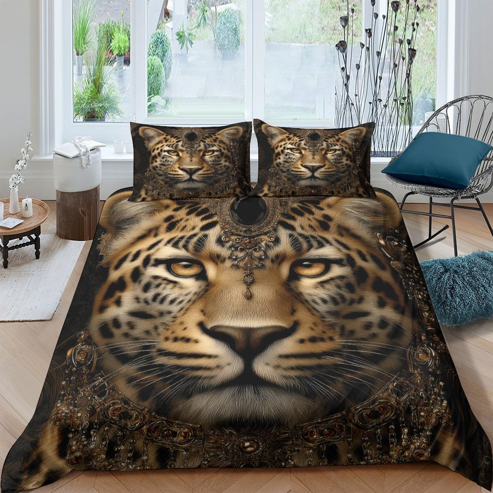 Ctjqhvkz Style-9 3D Printed Realistic Leopard Fitted Sheet Microfiber Soft Non-Slip Animal Face Bed Cover For Bedroom Guest Room Decor Single（135X200cm）