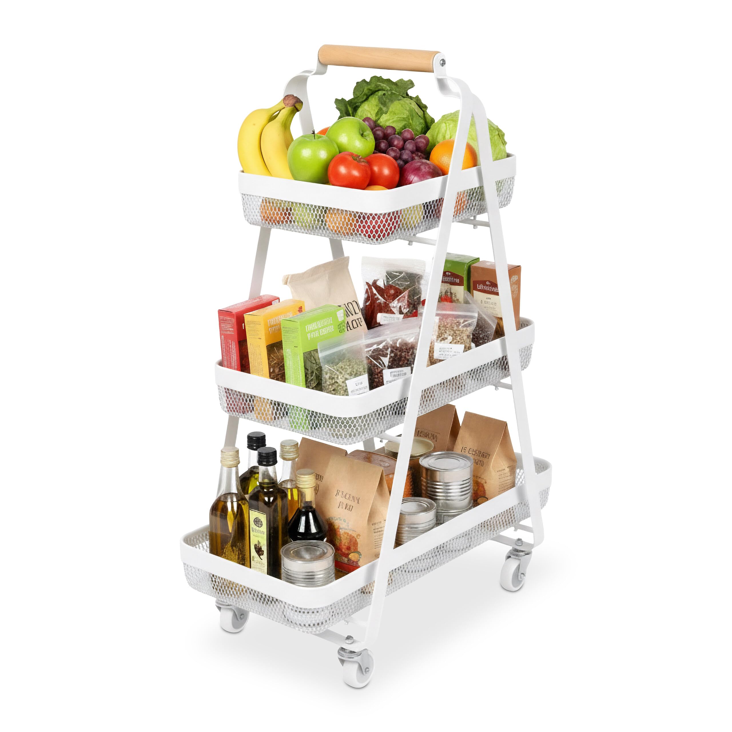 Relaxdays Rollwagen, 3 Ebenen, Metall, Holzgriff, HBT: 84,5 x 57 x 31 cm, 4 Rollen, Küche, Bad, Beistellwagen, Farbwahl