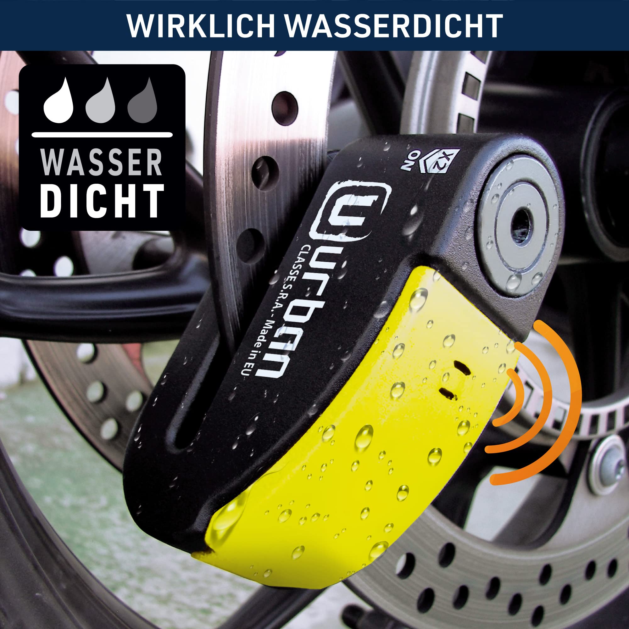 URBAN 999 Hi-Tech Bremsscheibenschloss mit Alarm 120dB ON/OFF Empfindlichkeit A+, Maximale Sicherheit mit SRA Zulassung, Doppelverriegelung ø14mm, Optionale Halterung, Motorradschloss mit Alarm