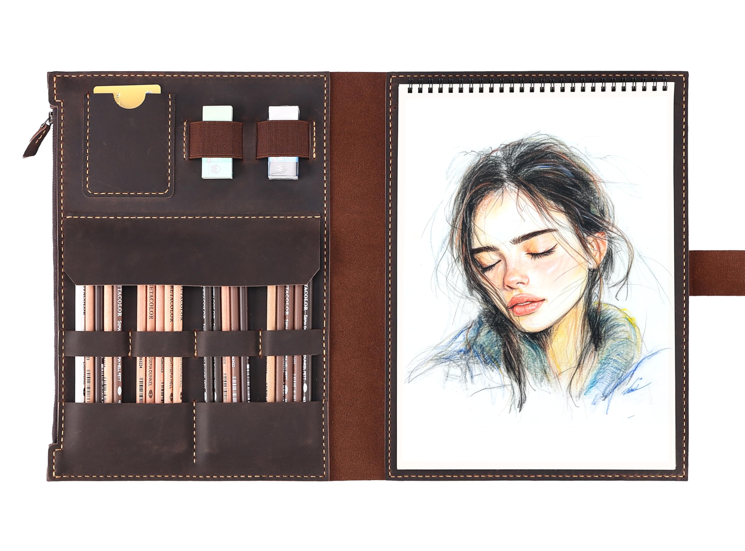 Fasjosma Copertina in pelle per album da disegno A4/22,9 x 30,5 cm, rilegatura a spirale, realizzata a mano, in vera pelle, con portamatite e tasca con cerniera, forniture professionali da disegno