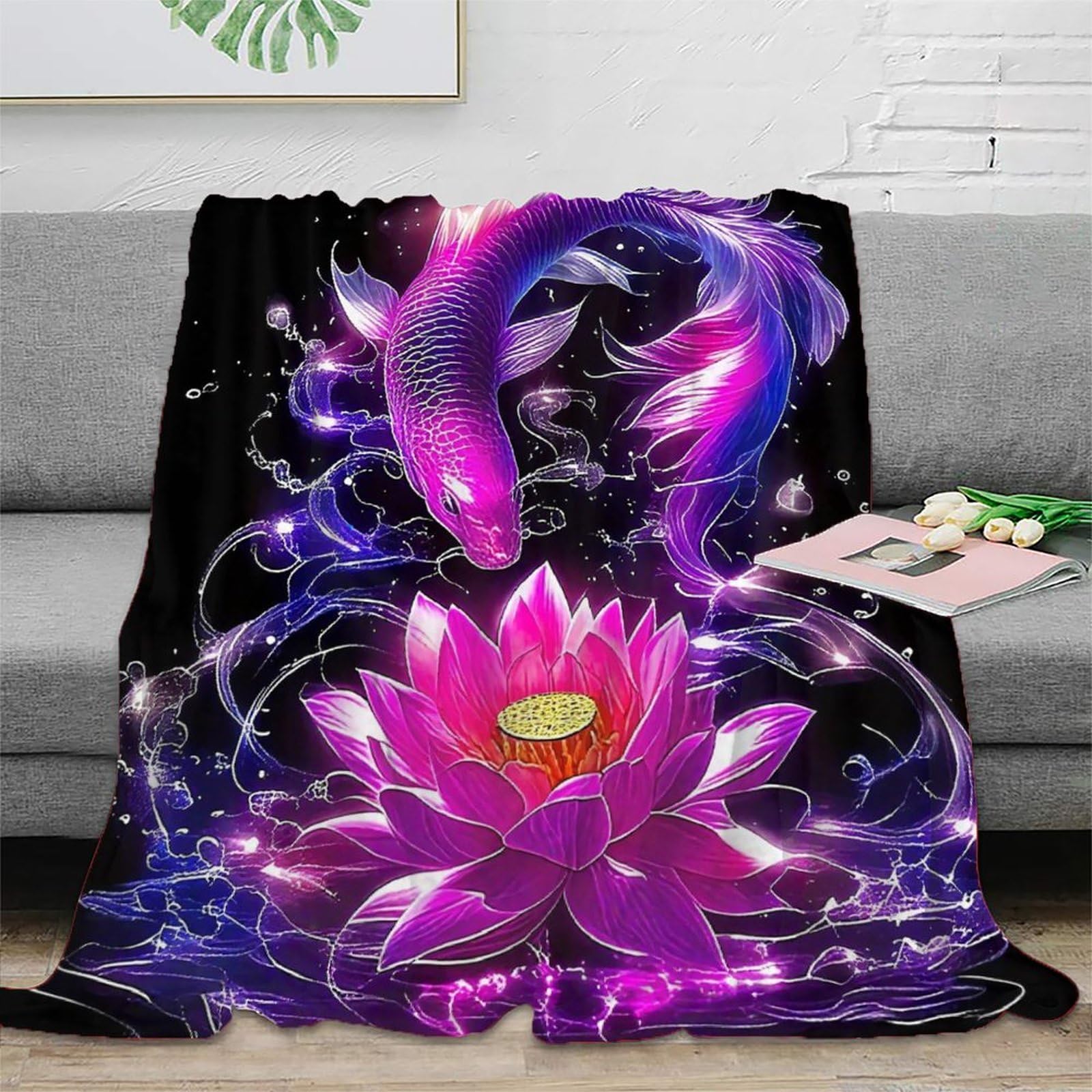 Couverture poissons koi 3D en microfibre de luxe, plaid peluche doux et chaud pour grand lit