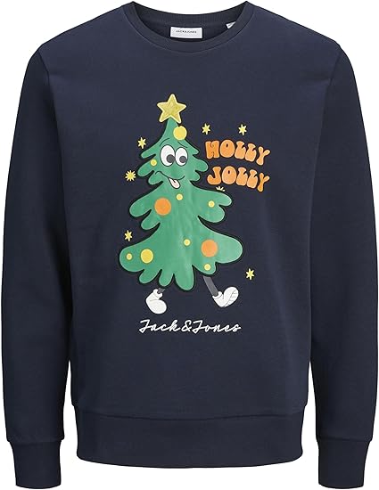 Jack & Jones Herren Sweatshirt – Weihnachtliches Blau mit Tannenbaum-Motiv