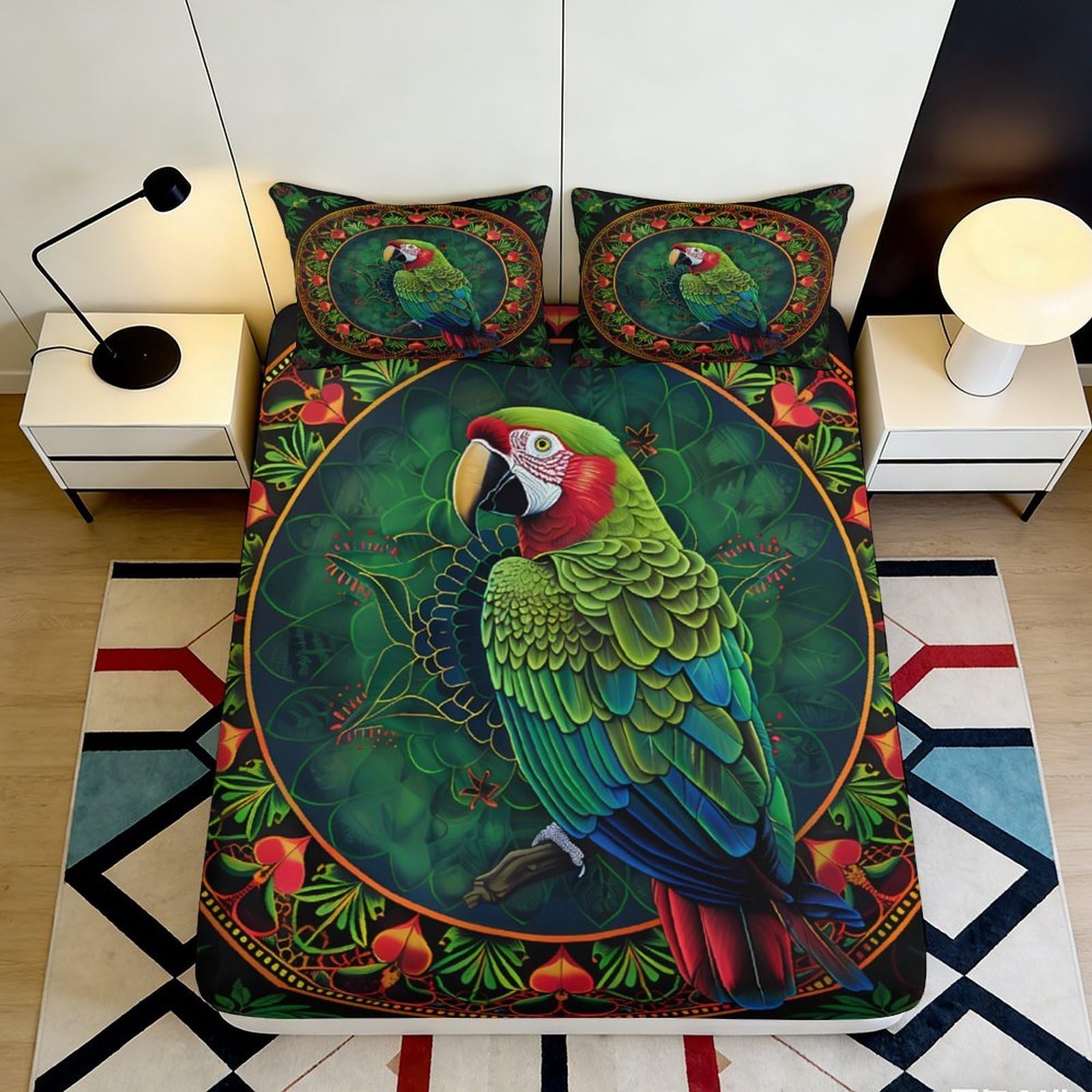3D Printed Parrot Fitted Sheet Microfiber Soft Durable Tropical Bird Mattress Cover for Bedroom Dormitory Guest Room Protection and Decoration 200x200x25cm