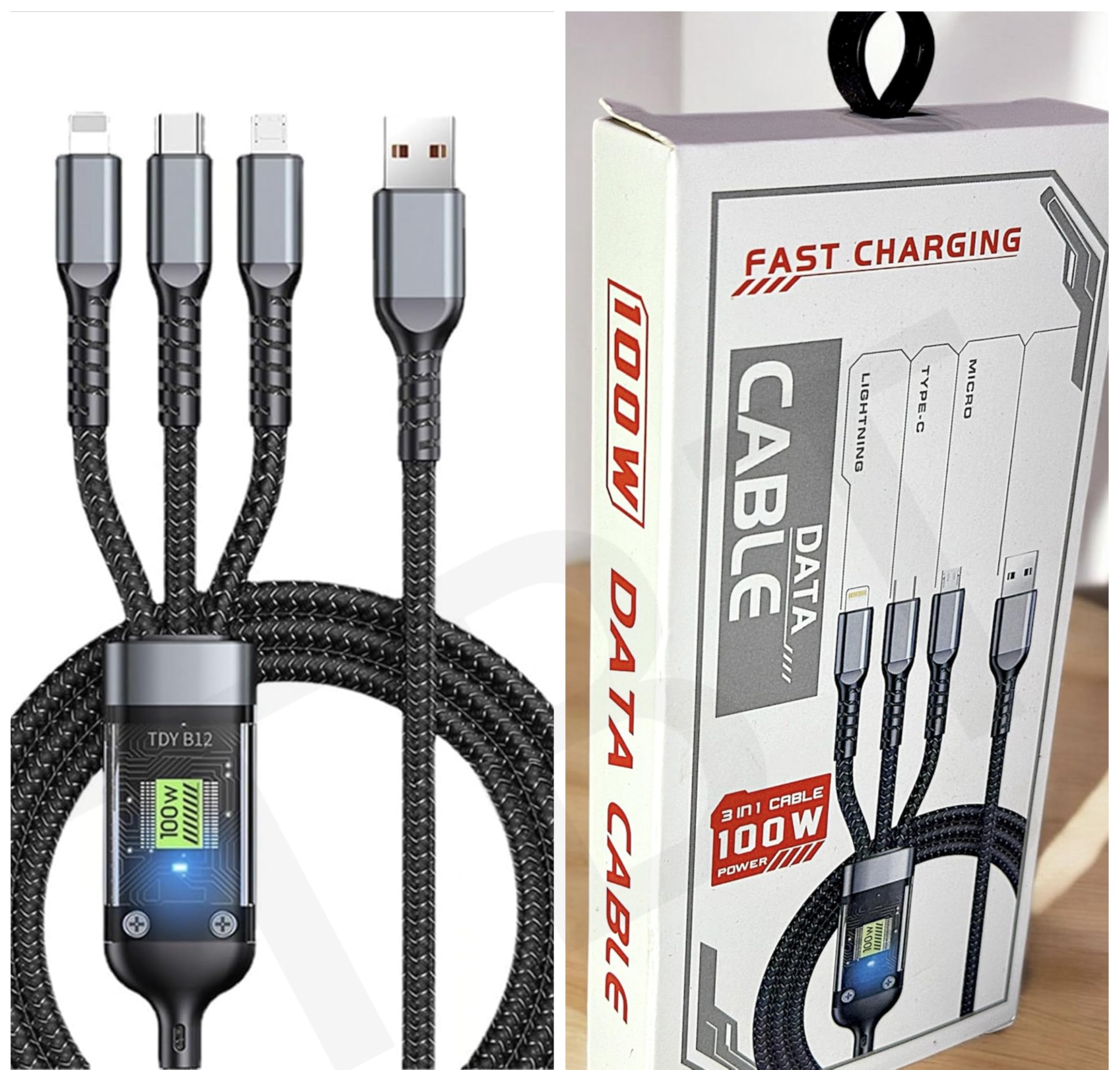 THE BLACK TECH TBT-6A high current 3 In 1 Nylon Braided 100w USB For High-Power Devices Like Laptops, Tablets, And Fast-Charging Smartphones