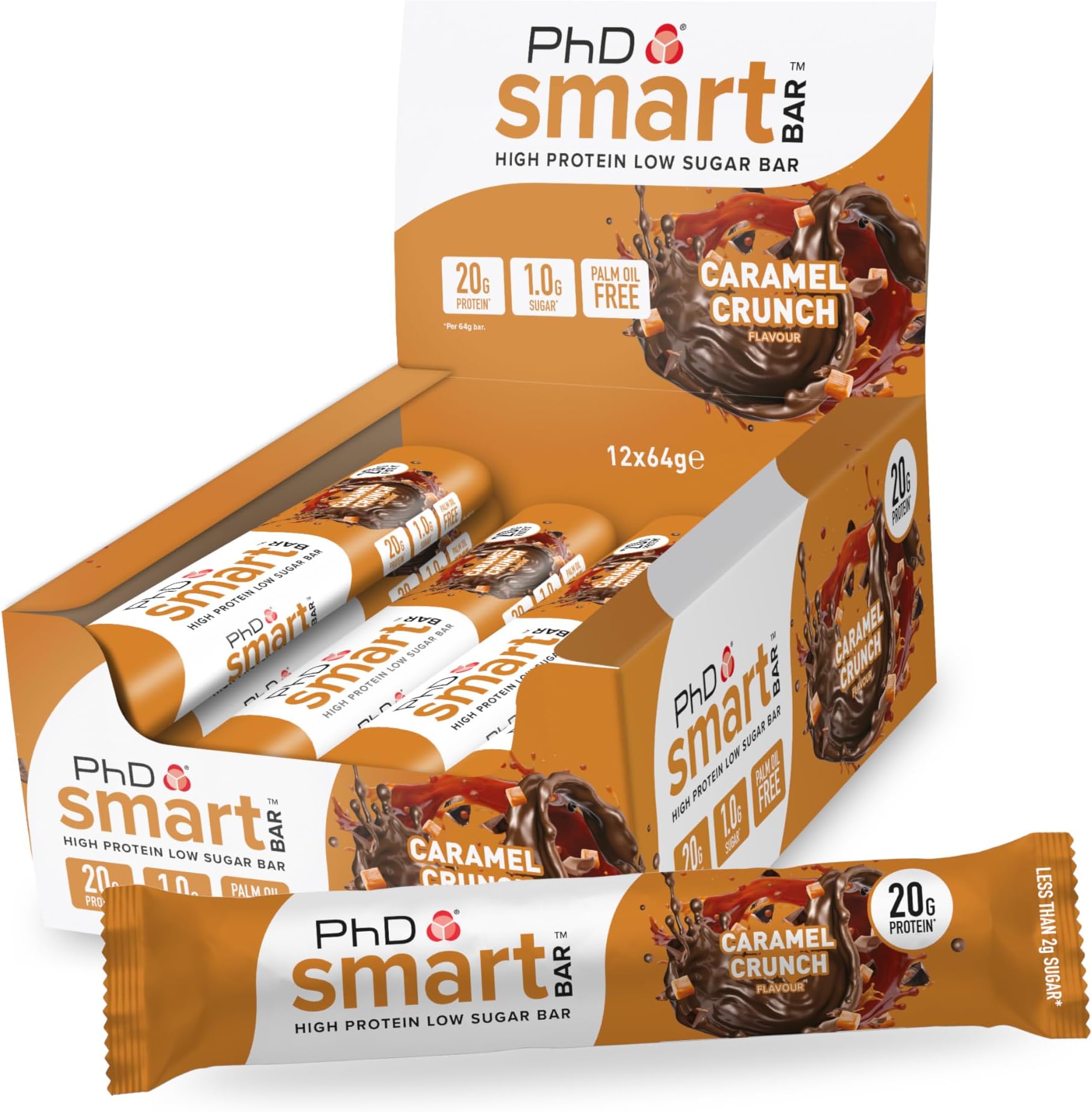 PhD Nutrition Smart Protein Bar Low Calorie, Nutritional Protein Bars/Protein Snacks, High Protein Low Sugar, Caramel Crunch Flavour, 20g of Protein, 64g Bar (12 Pack)