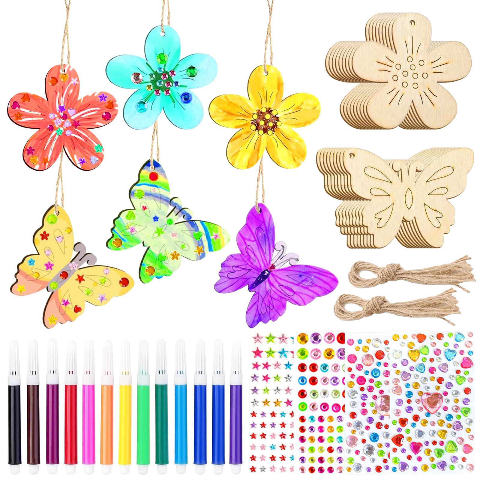 48 Pezzi Animali In Legno Da Dipingere Con Corde - Farfalle, Libellule, Lumache E Fiori - Fai Da Te Bambini - 2