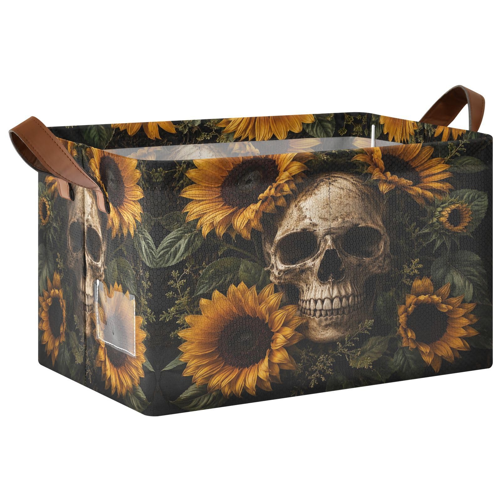 Ewusp Sunflower Skull Storage Basket with Handles Waterproof Collapsible Storage Bin Closet Organiser Dog Toy Basket for Bedroom Nursery Office Home Organizing