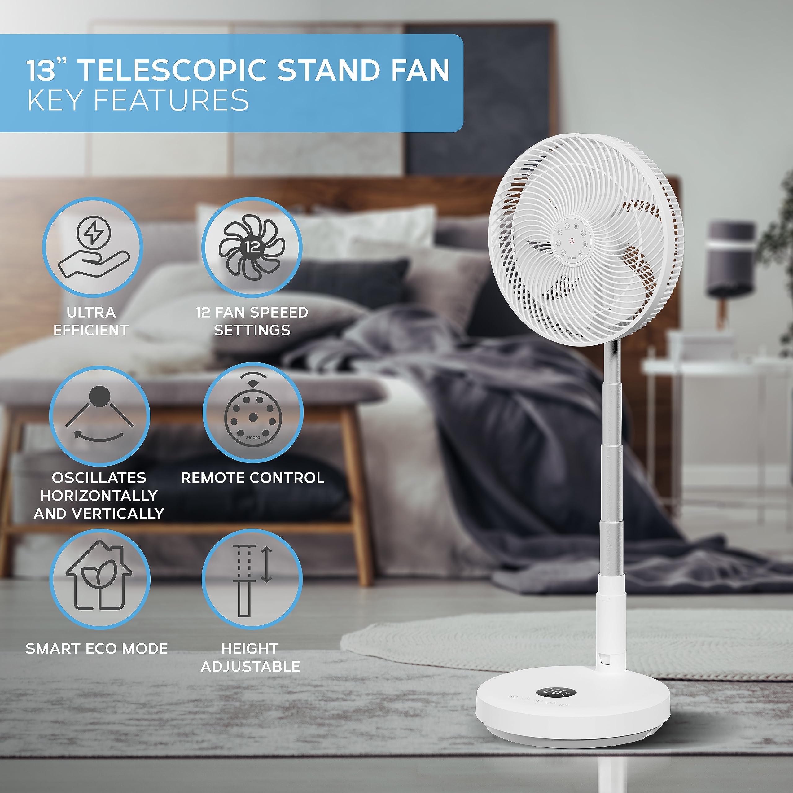 Air Pro 16" Pedestal Fan Oscillating Fan 50W Ultra Quiet Air Cooling & Circulator 50” Tall Adjustable Height Cooling Fan 3 Speeds 70° Oscillation Variable Tilt Suitable for Office Home Bedroom