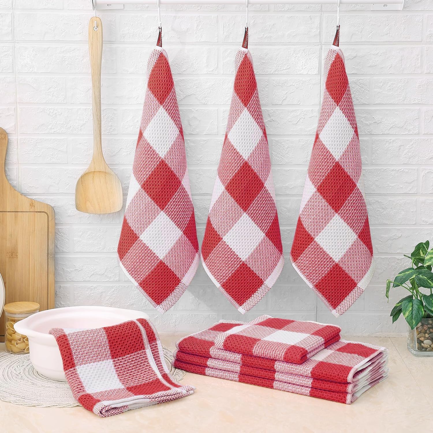 Homaxy Lot de 12 torchons de cuisine 100 % coton gaufré, super doux et absorbants, 30,5 x 30,5 x 71,1 cm, blanc et rouge