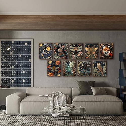 Miniatura 4 de Juego de 9 pósteres de pinturas de pared de Morris, diseño vintage de conejo, zorro, cielo estrellado, abeja, mariposa, libélula y libélula, lienzo