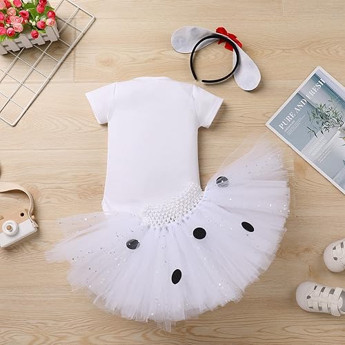 Miniatura 3 de IBTOM CASTLE Disfraz de perro dálmata para el primer cumpleaños de las niñas, mameluco con estampado de patas, falda tutú, orejas de perro, princesa