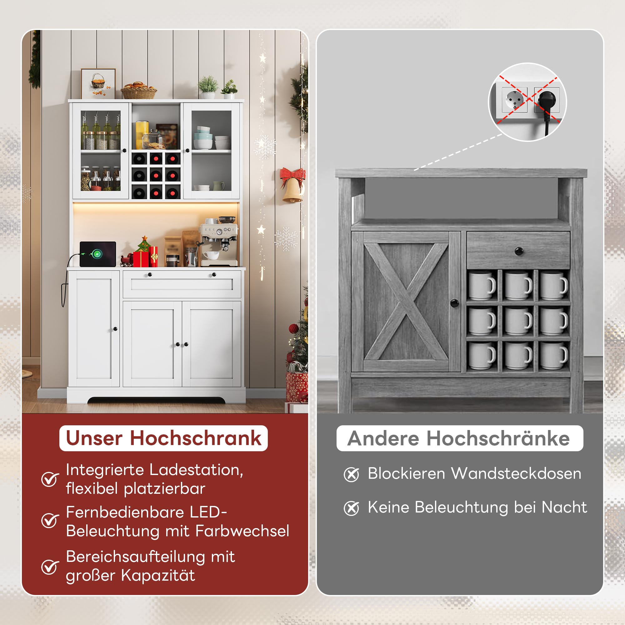 Merax Küchenschrank, Buffetschrank mit LED und Steckdosen, Küchenmöbel mit Schublade, Weinregal und Verstellbaren Ablagen, Sideboard, Küchenbuffet für Küche, Esszimmer, 105x40x180cm (Weiß)