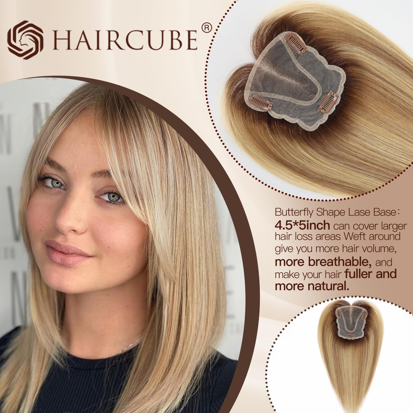 HAIRCUBE Haartopper für Frauen mit dünnem Haar ombre blond mit schwachem Licht 100% Echtes Menschenhaar topper für Frauen mit Pony Menschenhaar topper mit Schweizer Spitze Basis Hand gebunden 14 Zoll