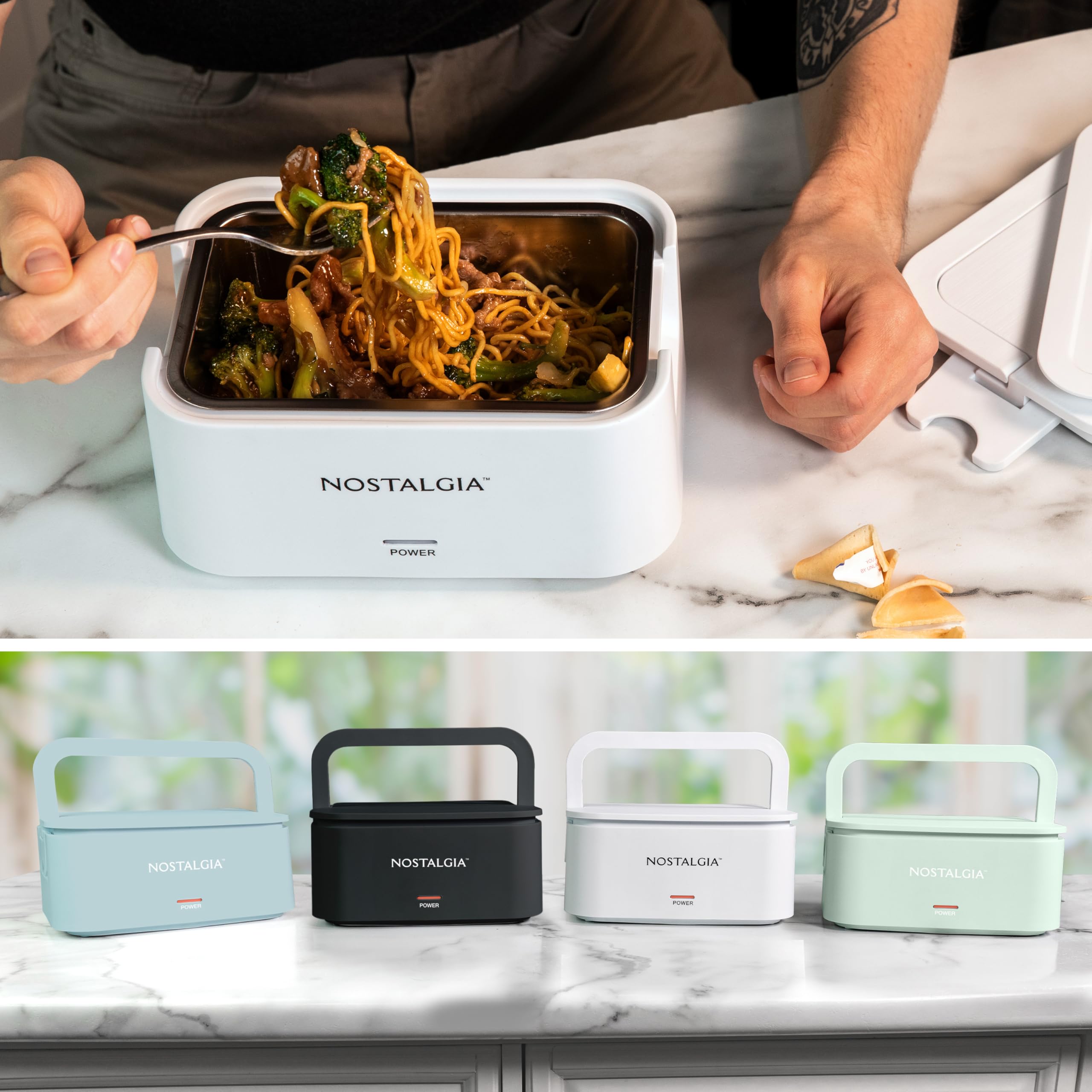 Nostalgia Lonchera portátil con calefacción, calentador de alimentos de acero inoxidable para 4 tazas, cable desmontable, tapa a prueba de fugas, asa de transporte, portátil para el trabajo y viajes