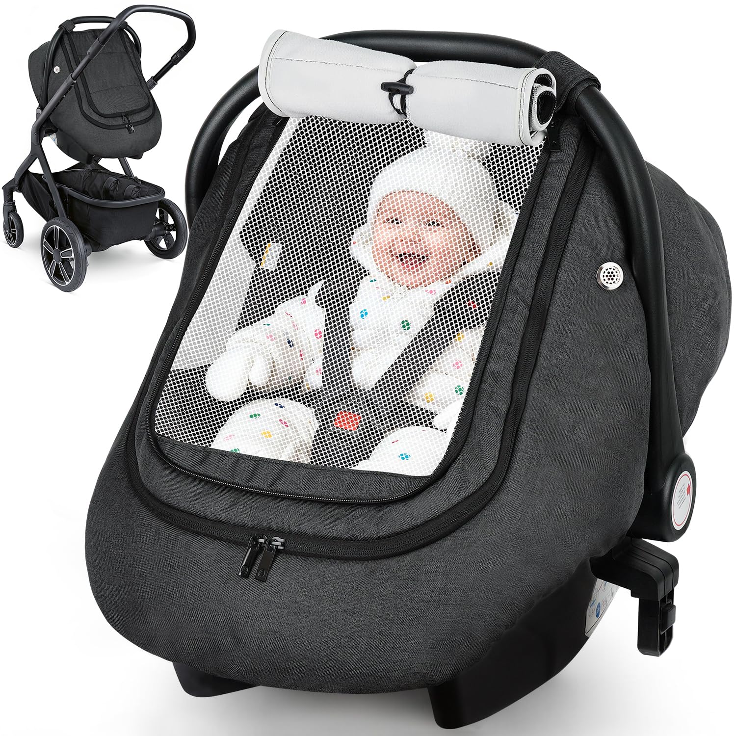 Rquite Car Seat Cover Baby, Carseat Covers Boy Girl, 2 Layers Window -Breathable Mesh & Wind/Sun Shade, Infant Car Seat Canopy Baby Carrier/Stroller