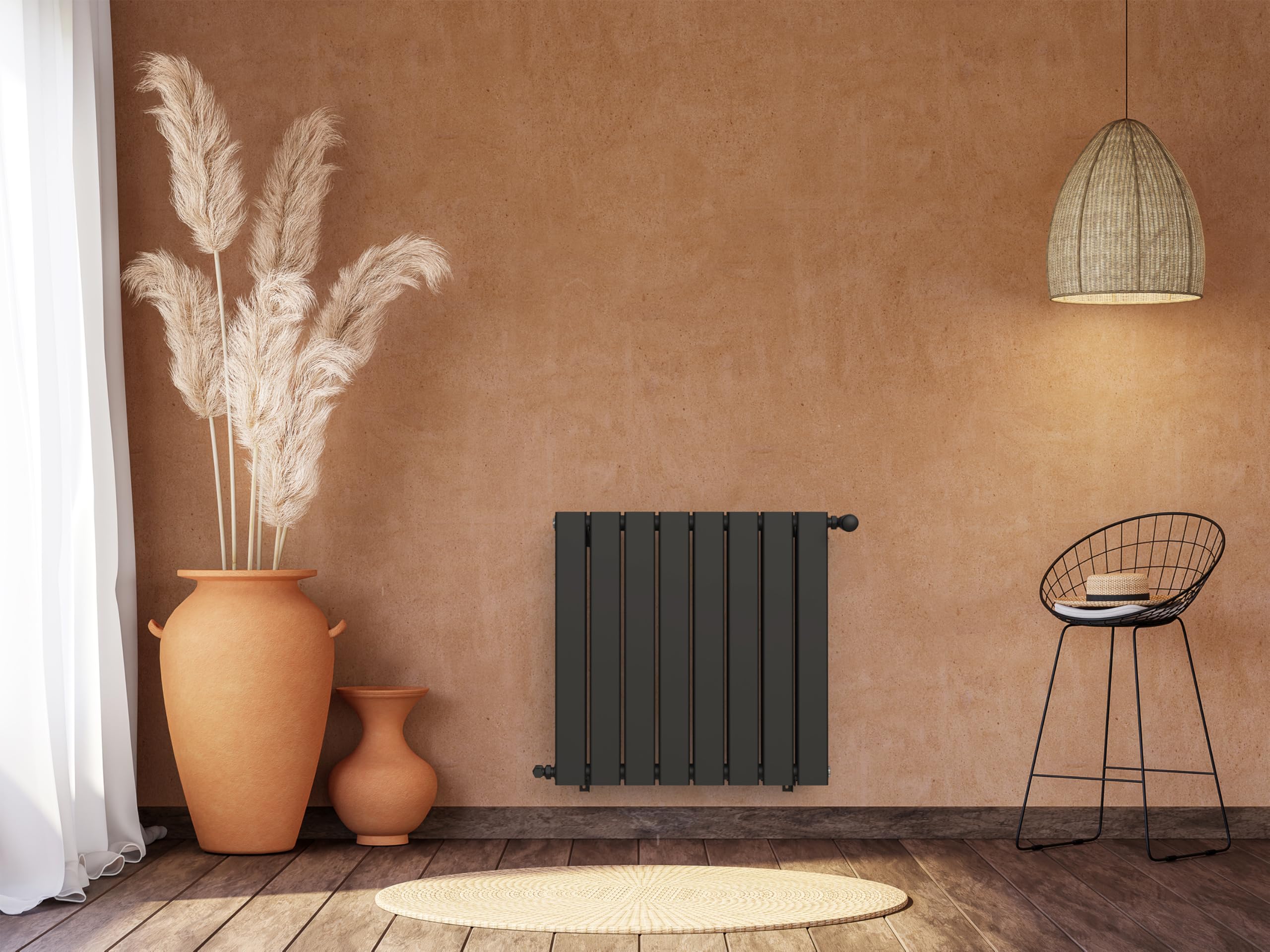Radiateur noir mural eau chaude horizontal en acier double lame | 60 x 60 cm 883 Watt chauffage central | 4 raccordements 15x21 (1/2) série NYTIA by NOYON & THIEBAULT
