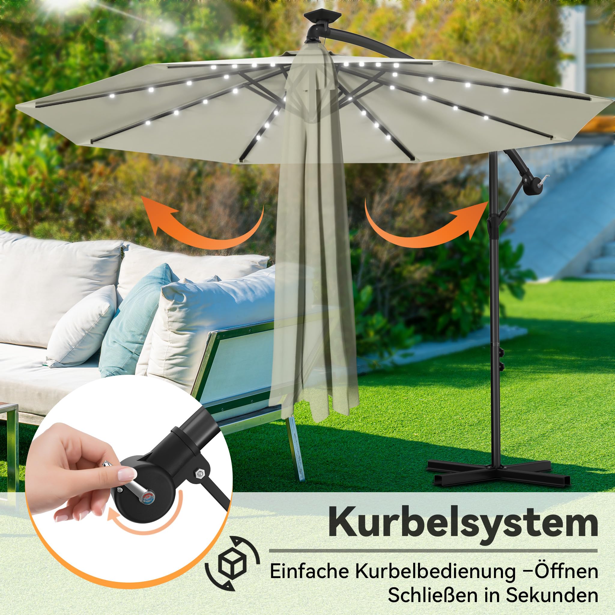 AufuN Sombrilla de aluminio de 300 cm de diámetro, 350 cm de diámetro, con iluminación solar LED, sombrilla con manivela, altura regulable, protección UV 40+, toldo impermeable, 8 puntales