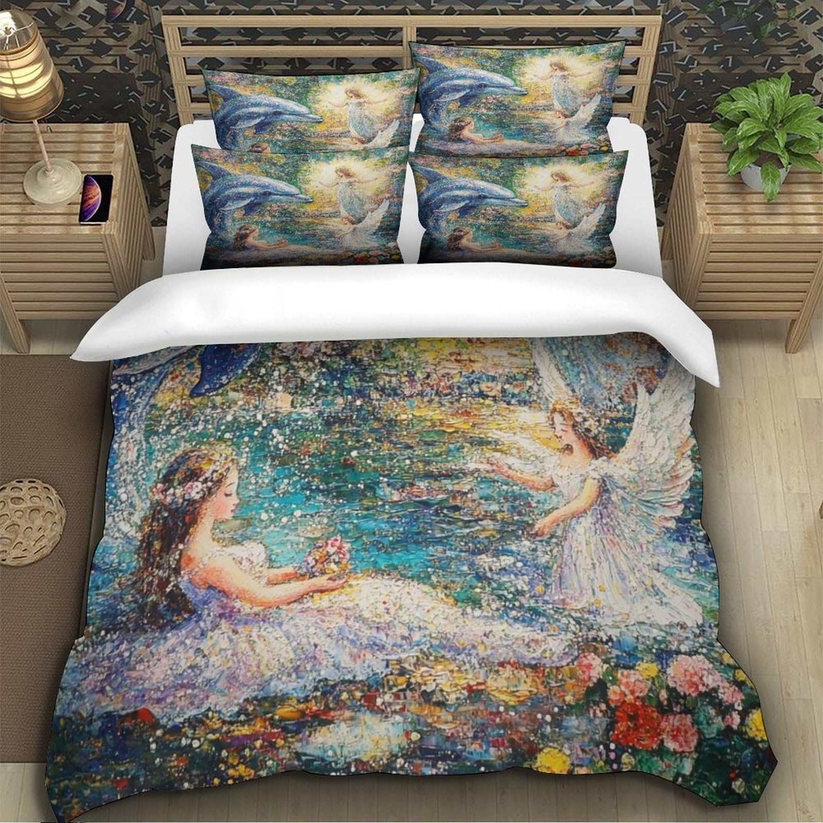 Fantasia di delfini Impressione 3D 3 pz fodera per edredone scena d'acqua angelica coperteletto microfibra zip antiacari per ragazze adolescenti adulti King（220x240cm）
