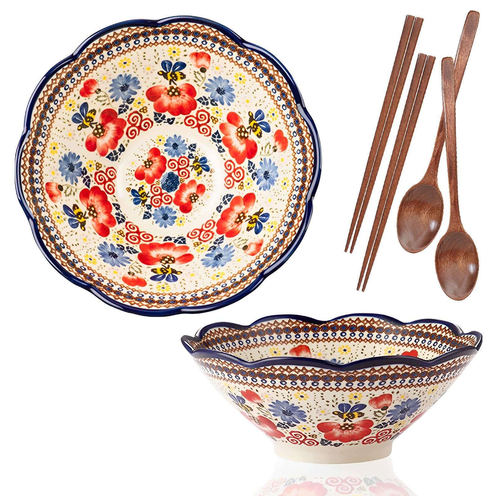 Keramik-Instant-Nudelschüssel, Ramen-Schüssel 2er-Set, Keramik-Ramen-Schüssel, große Suppenschüsseln-Blau und Blumen-8 Zoll(Red)