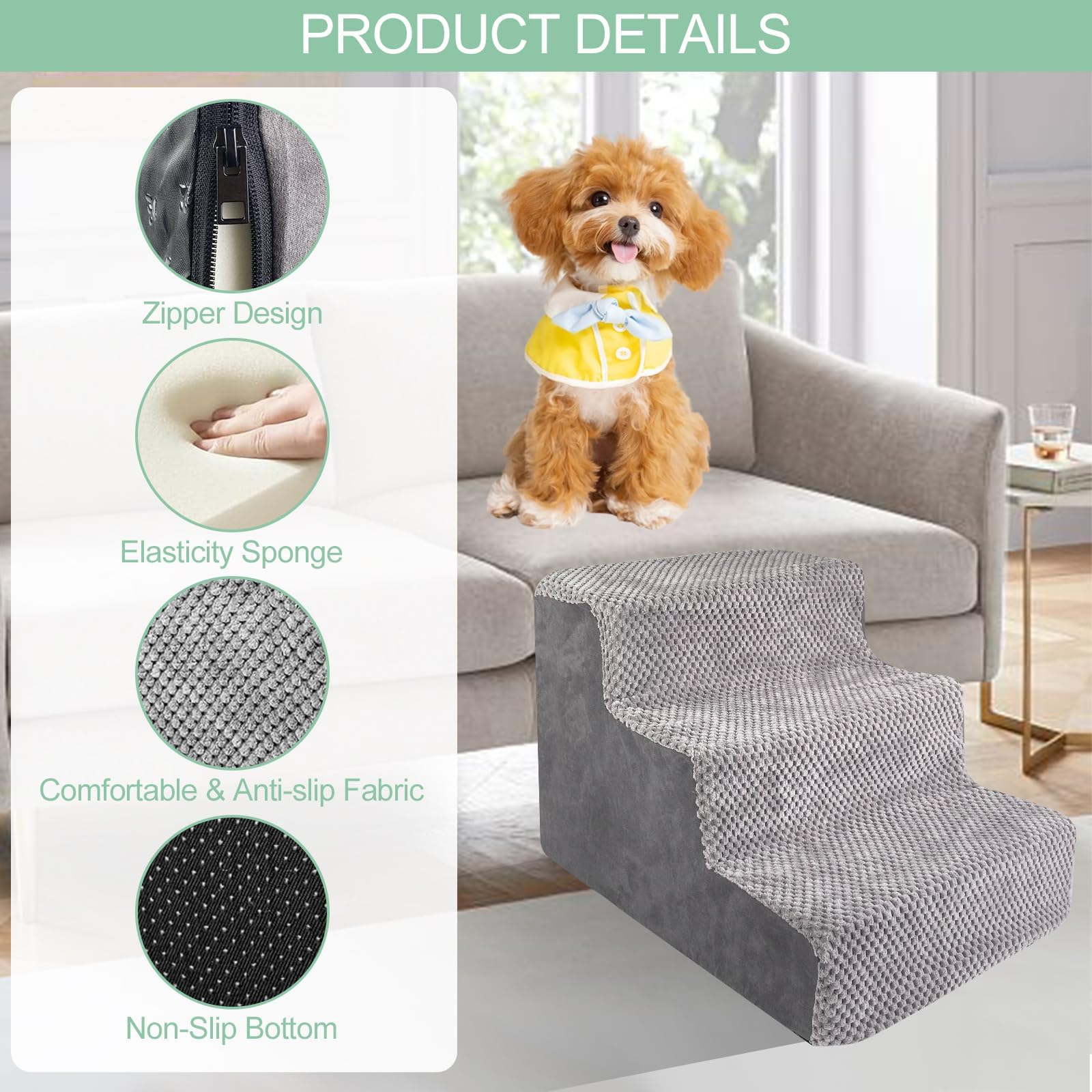 Escalier pour Chien, Rampe pour Chiens, Escaliers pour Chiens à 3 Marches en Éponge Haute Densité, Échelle pour Chiot, Marche pour Animaux de Petite, pour Monter Canapé et Lit, Gris