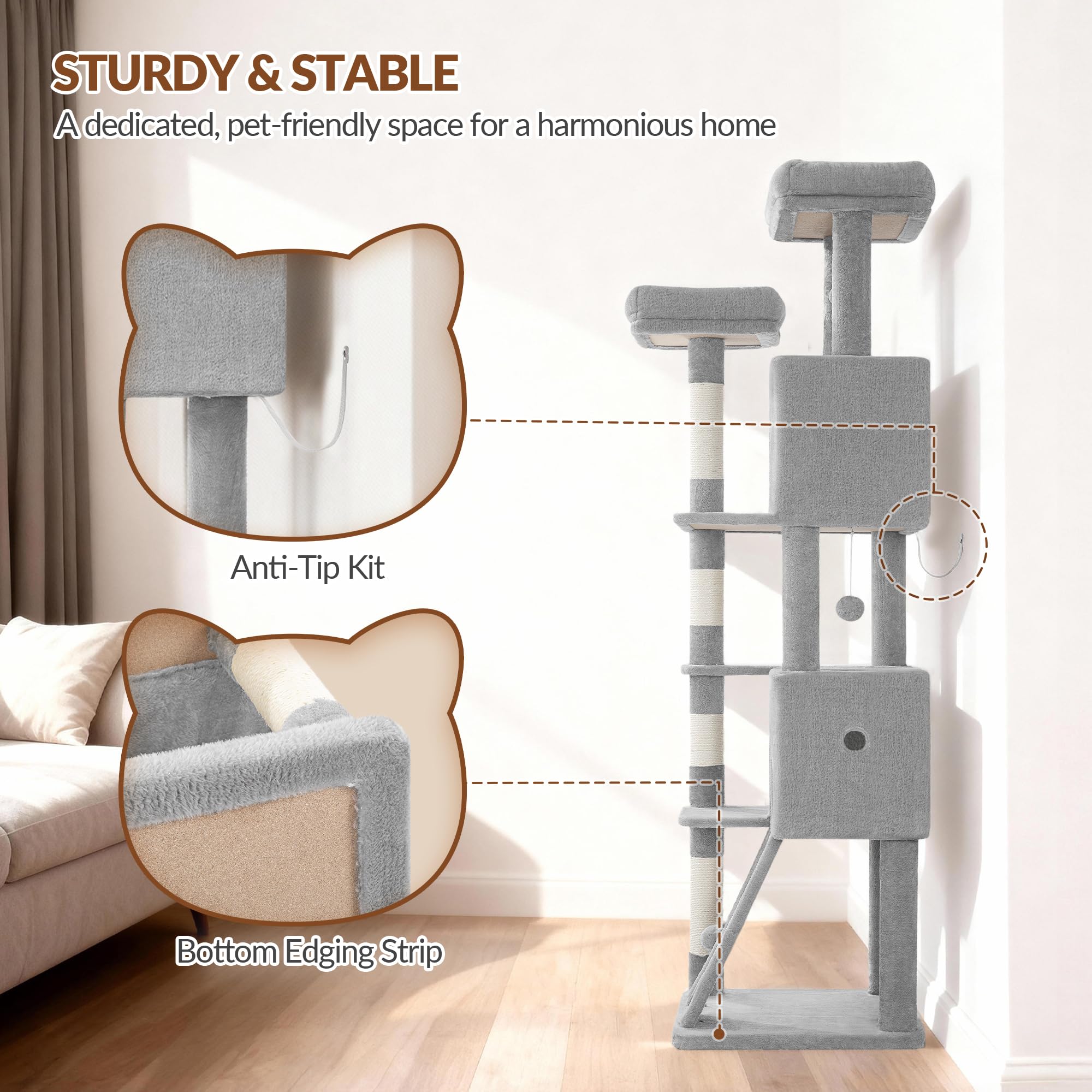 Albero Tiragraffi per Gatti 178 cm Torre per Gatti, Grigio Chiaro | Pali in Sisal, Tavola Tiragraffi, 2 Comodi Condomini, 2 Trespoli, Pompon, Zona Relax FPMS005FG1