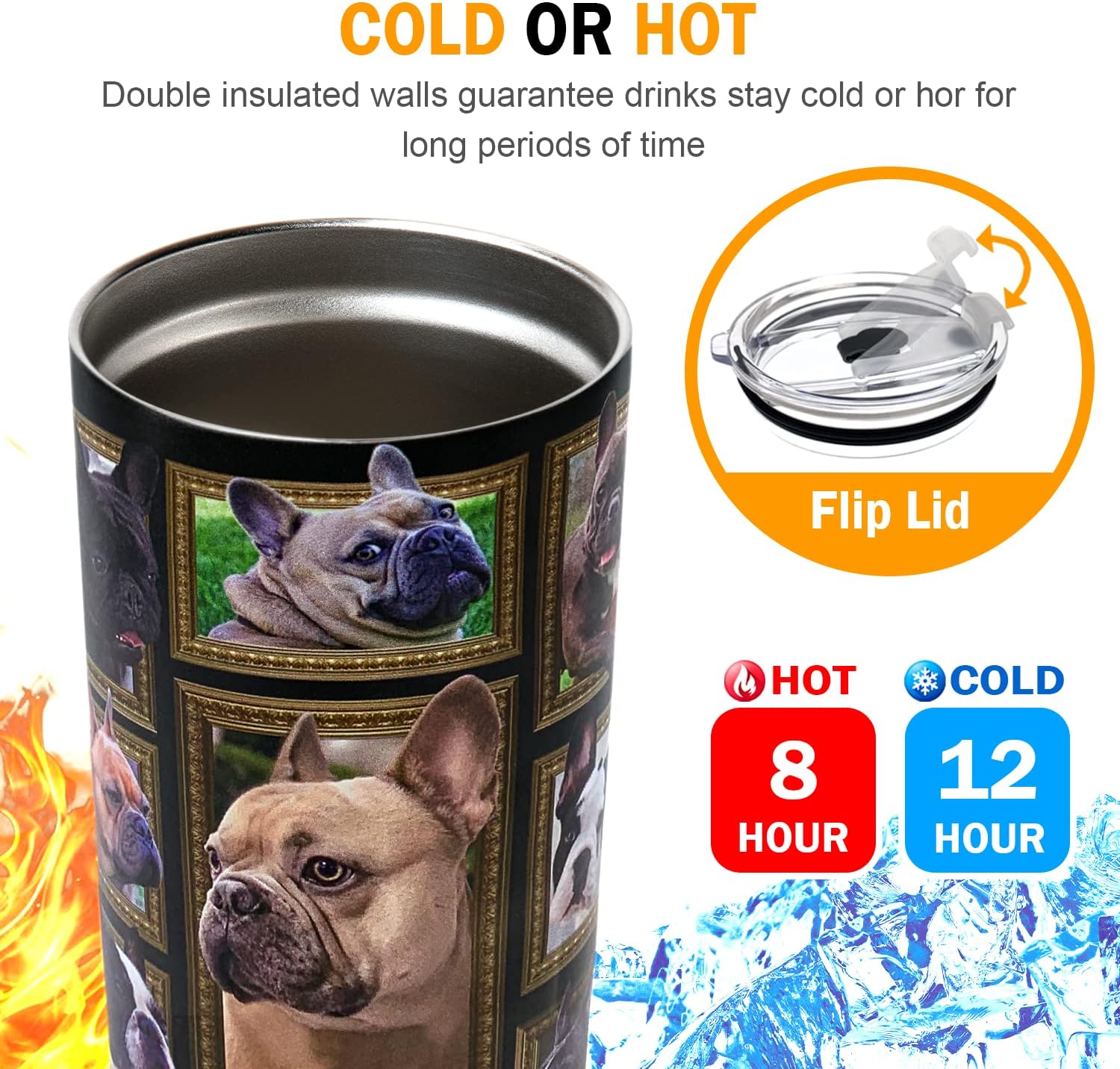 French Bulldog Tumbler Cup with Lid Spill Proof Iced Coffee Travel Mug Insulated Stainless Steel Water Bottle 20 Oz Cold Drink Thermal Cups