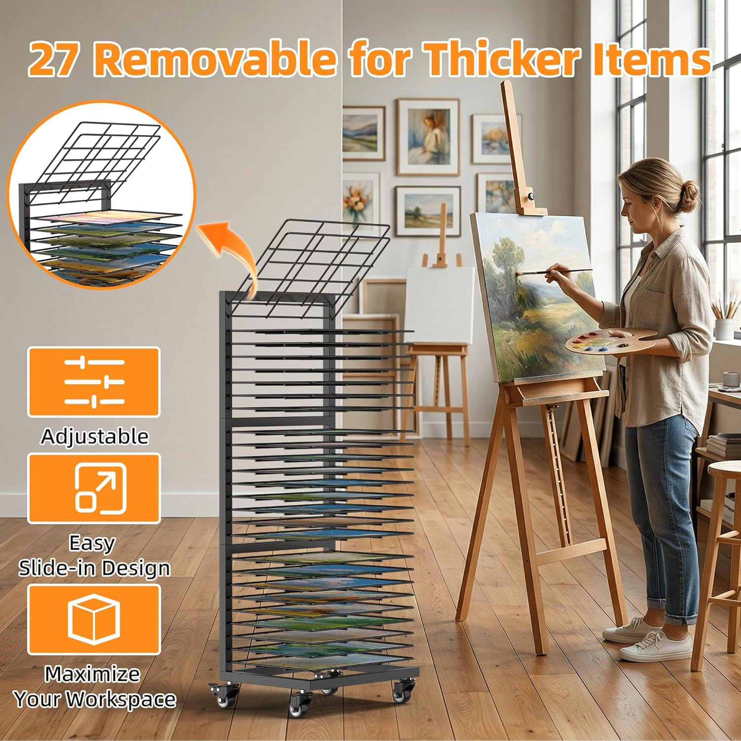 Art Drying Rack for Classroom, Painting Drying Rack with 27 Removable Shelves, Mobile Art Racks Storage on Lockable Wheels, Sturdy Metal Paper Organizer for Studio, School & Home - Black