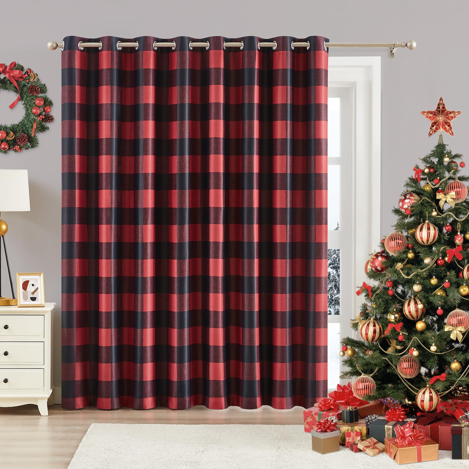 Melodieux Buffalo Check Plaid Extra Wide Curtains for Sliding Glass Doors, Thermal Insulated Blackout Living Room Divider Patio Door Curtain Grommet Drape, Black Red, 100 x 84 Inch, 1 Panel