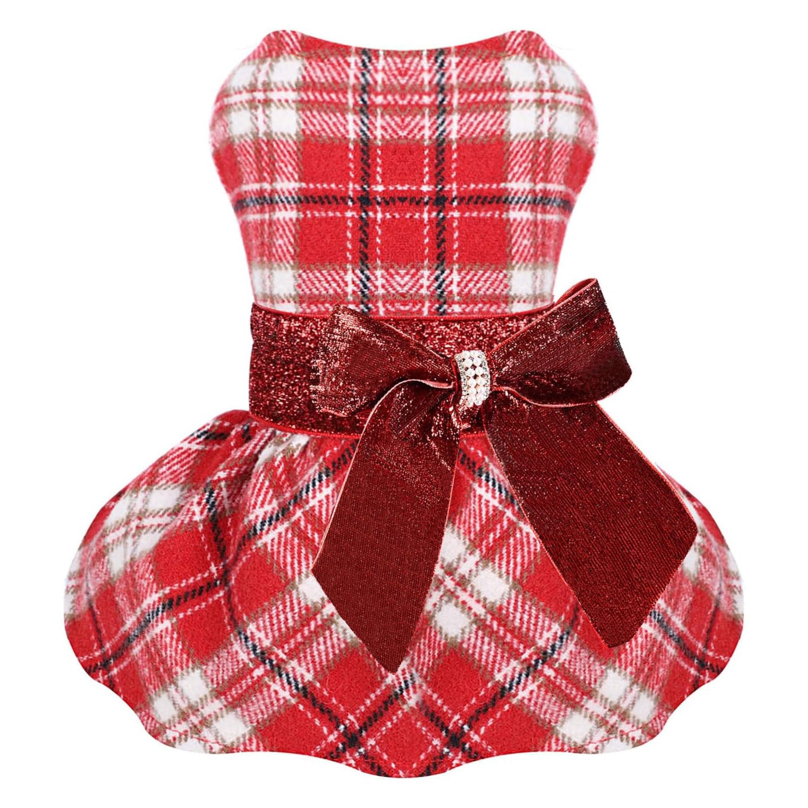 Red Plaid Dog Dress Winter Clothes for Small Dogs Girl Fancy Sequin Puppy Fleece Lining Sweater Pet Coat Cat Apparel, XXS