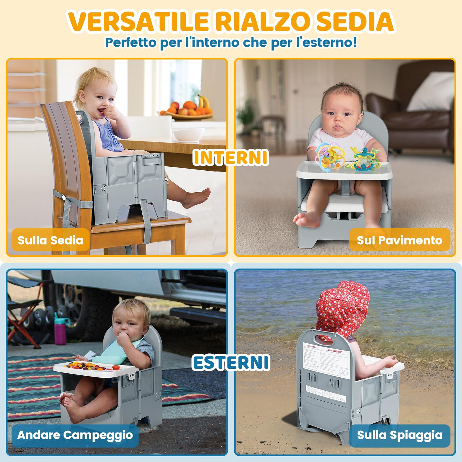 Orzbow Sedia pieghevole per bambini, stabile seggiolone da viaggio con vassoio rimovibile, materiale ABS e struttura stabile, sedia da campeggio portatile per bambini da 6 mesi a 3 anni, 15 kg, grigio