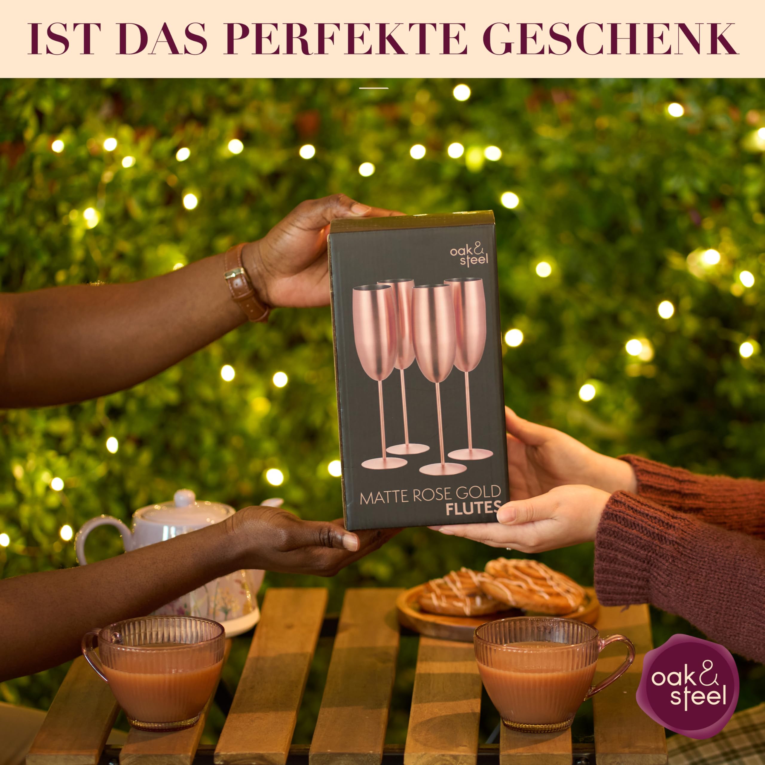 Oak & Steel - 4 Edelstahl Sektgläser (285ml), Champagner & Prosecco Gläser - Matte Roségold/Kupfer - Robust & Unzerbrechlich - Geschenkset für Geburtstage & Weihnachten