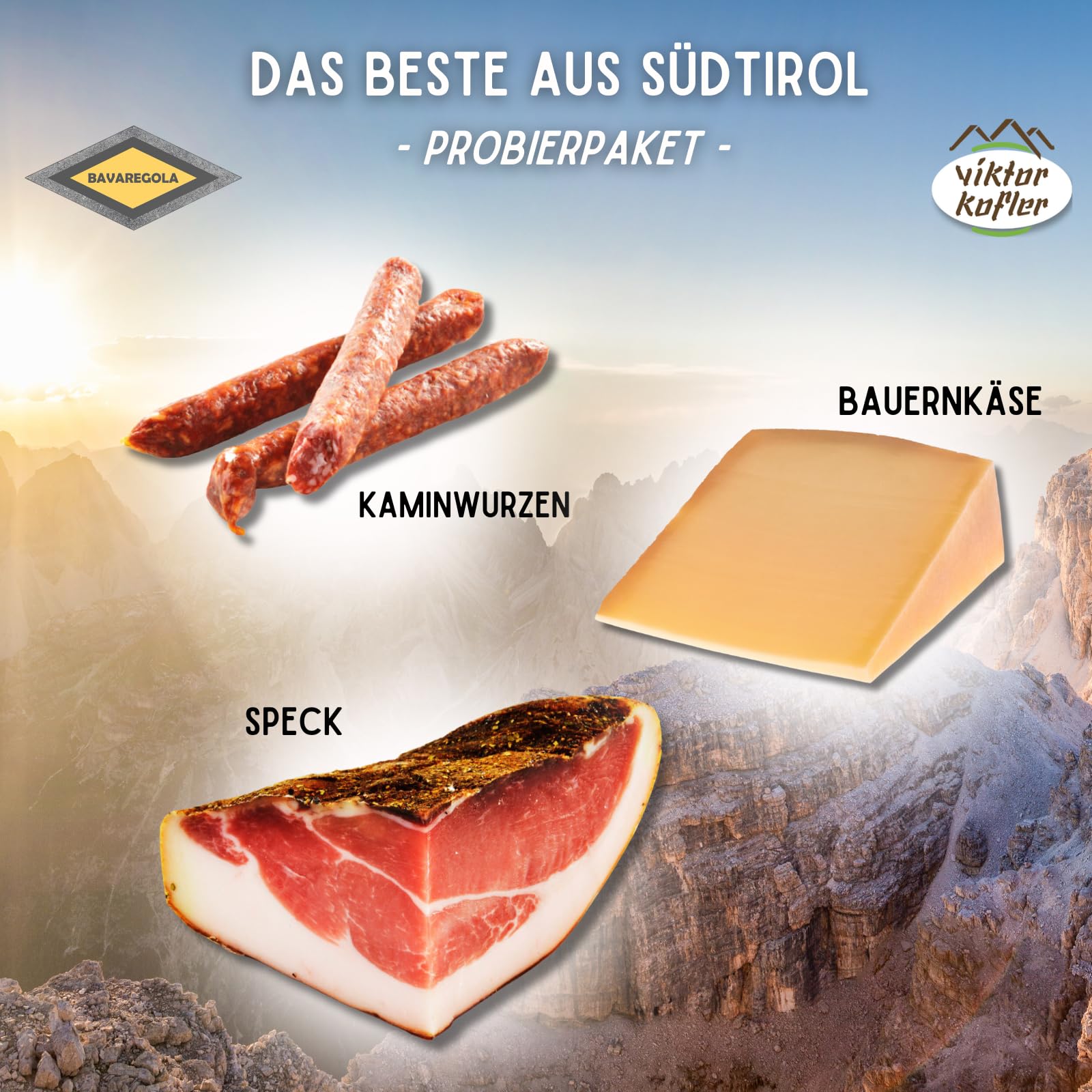 BAVAREGOLA Jausen Probierset - 3 Südtiroler Spezialitäten im Set - Südtiroler Speck, Käse & Kaminwurzen von Viktor Kofler/Lana - Genuss Geschenk für Männer & Frauen