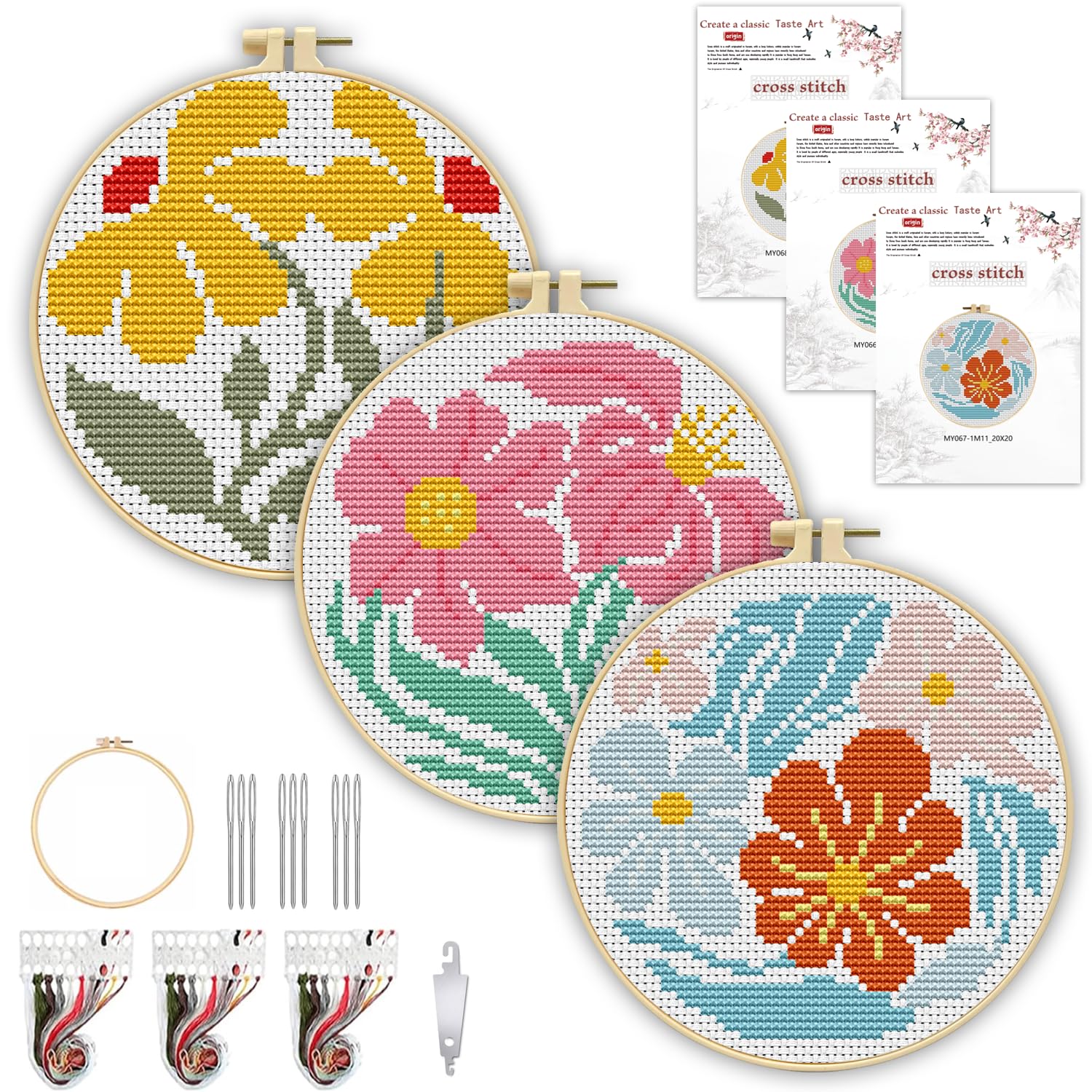 Beginner Cross Stitch Kits - 3 Pack Flower Stamped -1