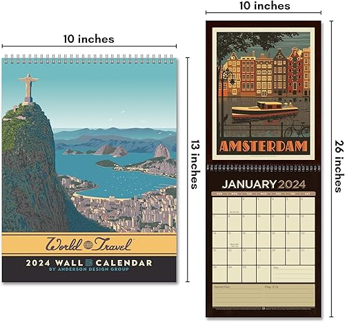 Miniatura 5 de Americanflat Calendario 2024  Diseño de destinos de viaje mundial  Calendario de pared grande con formato mensual  Calendario mensual colgante  10 x