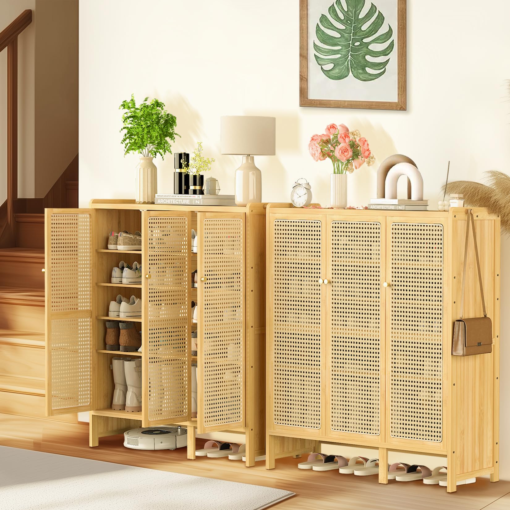 unho Armadietto Portascarpe a 5 Ripiani in Bambù: Scarpiera Legno con Ante 4 Ganci Scarpiera Ingresso Corridoio Grande Capacità Design Moderno, 90,5x35x107 cm