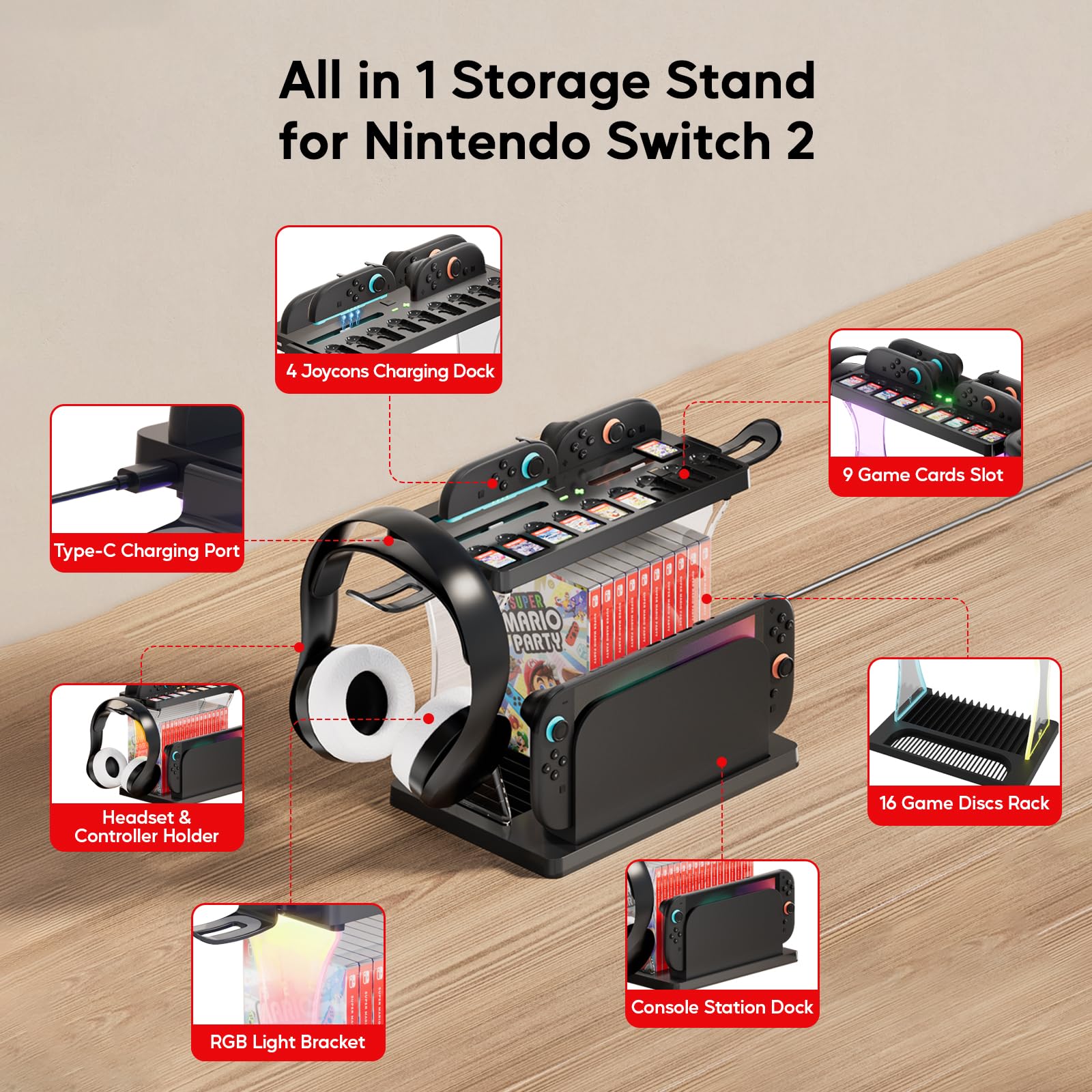 Switch 2 Storage Station, dock di ricarica per Joycon Switch2, organizer multifunzionale per Nintendo Switch 2 accessori con 16 dischi di gioco e 9 slot per carte da gioco, supporto per