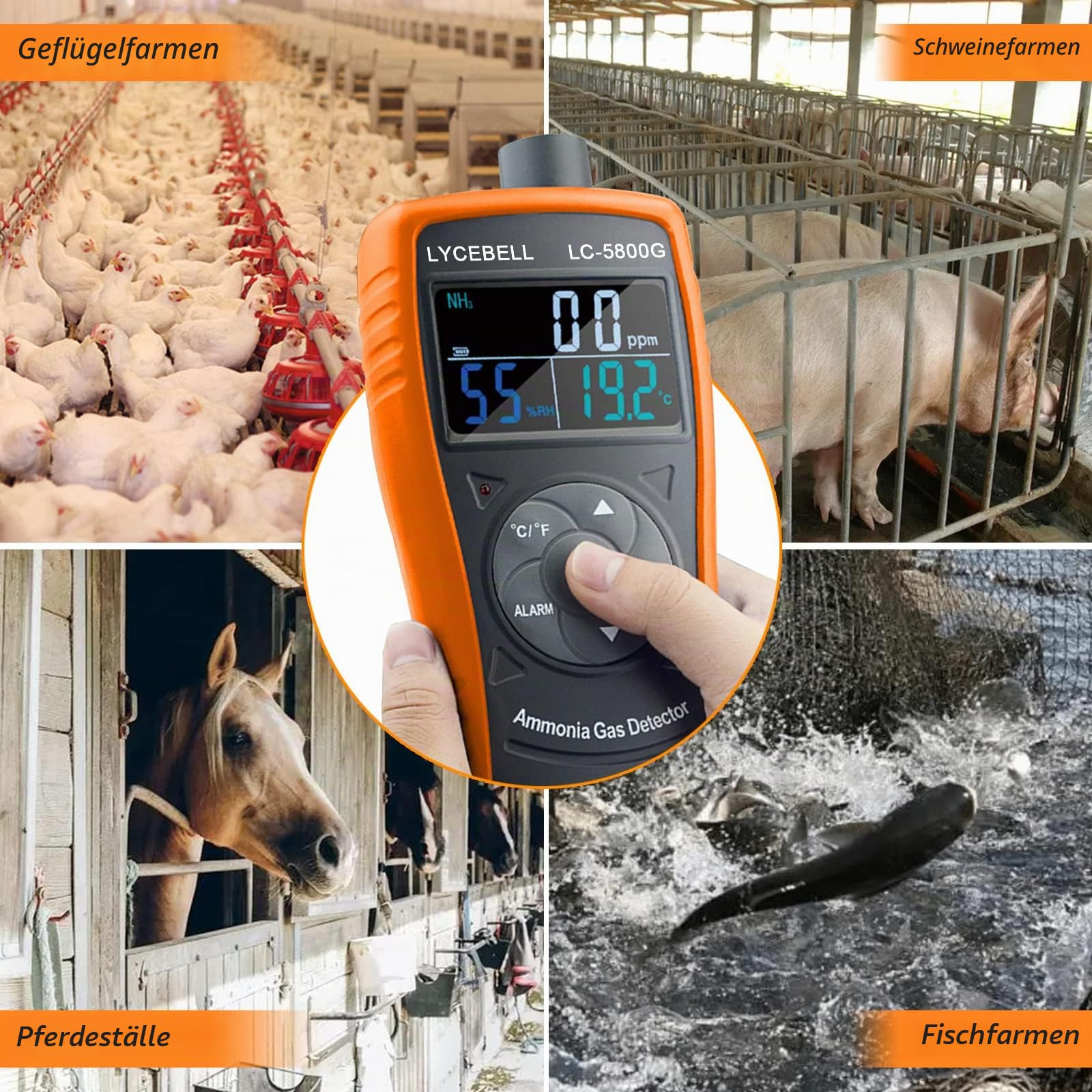 Ammoniak Gasdetektor, LC-5800G 0~100 PPM NH3-Monitor, Professionelles Ammoniak-Messgerät mit Temperatur und Luftfeuchtigkeit, Hintergrundbeleuchtung für Zuhause/Bauernhof/Fabrik