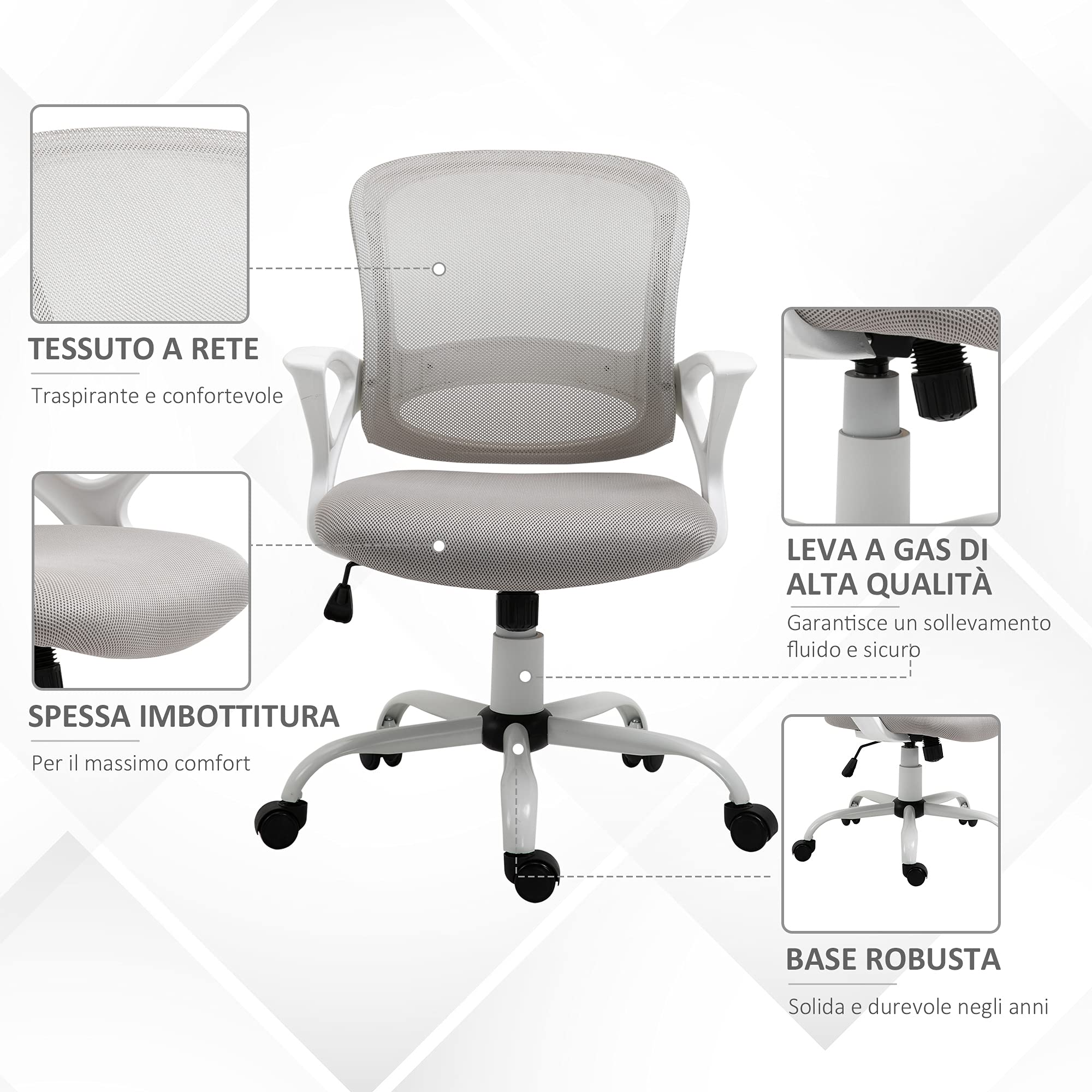 Vinsetto Sedia da Ufficio Basculante Girevole in Tessuto a Rete, Grigio | Sedia da Scrivania Ergonomica, Altezza Regolabile