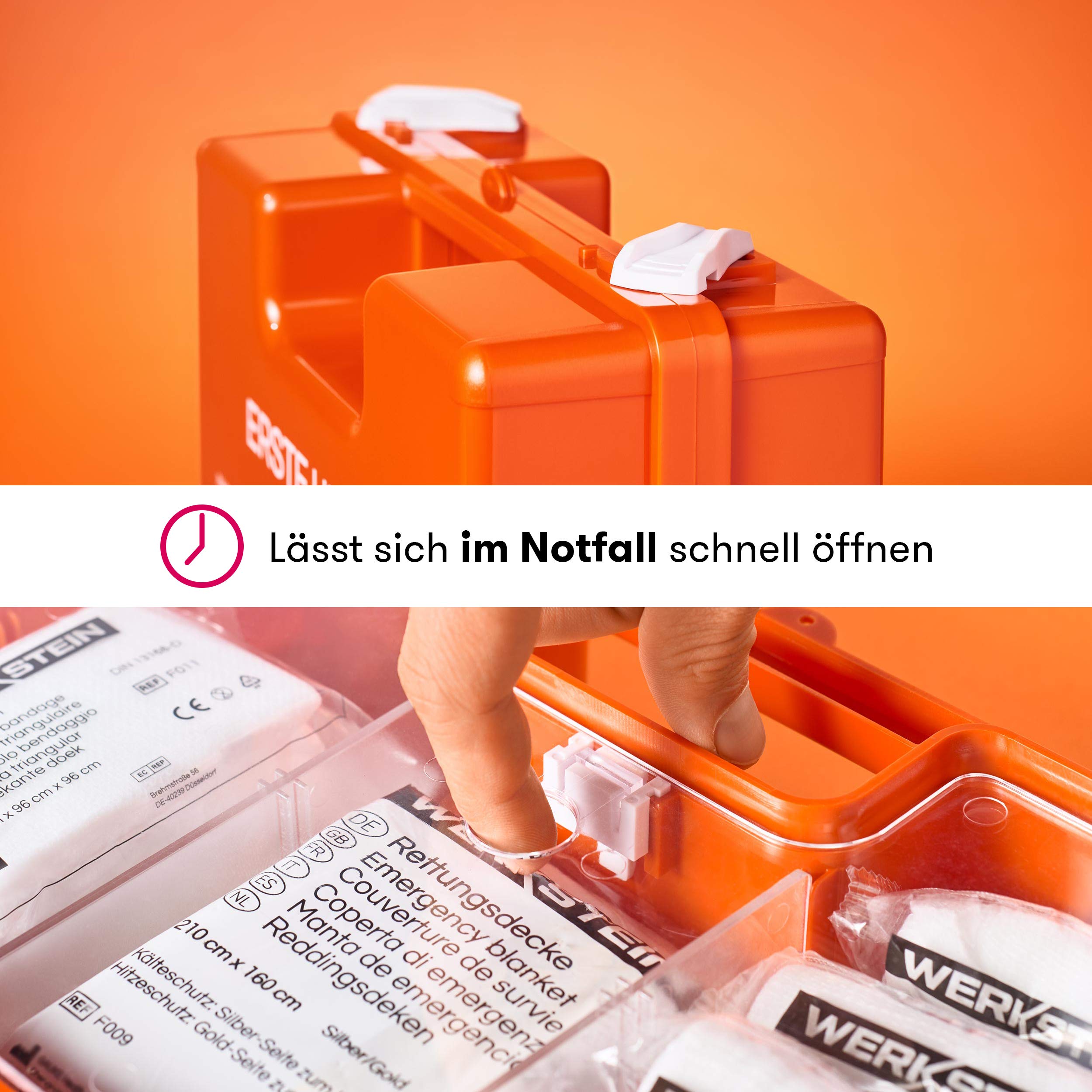 Erste Hilfe Kasten DIN 13157:2021 I Inkl. Beatmungstuch, praktischer Wandhalterung, 5x Aufkleber & Plombe I Erste Hilfe Koffer für Betriebe, Einrichtungen & Zuhause I Verbandskasten