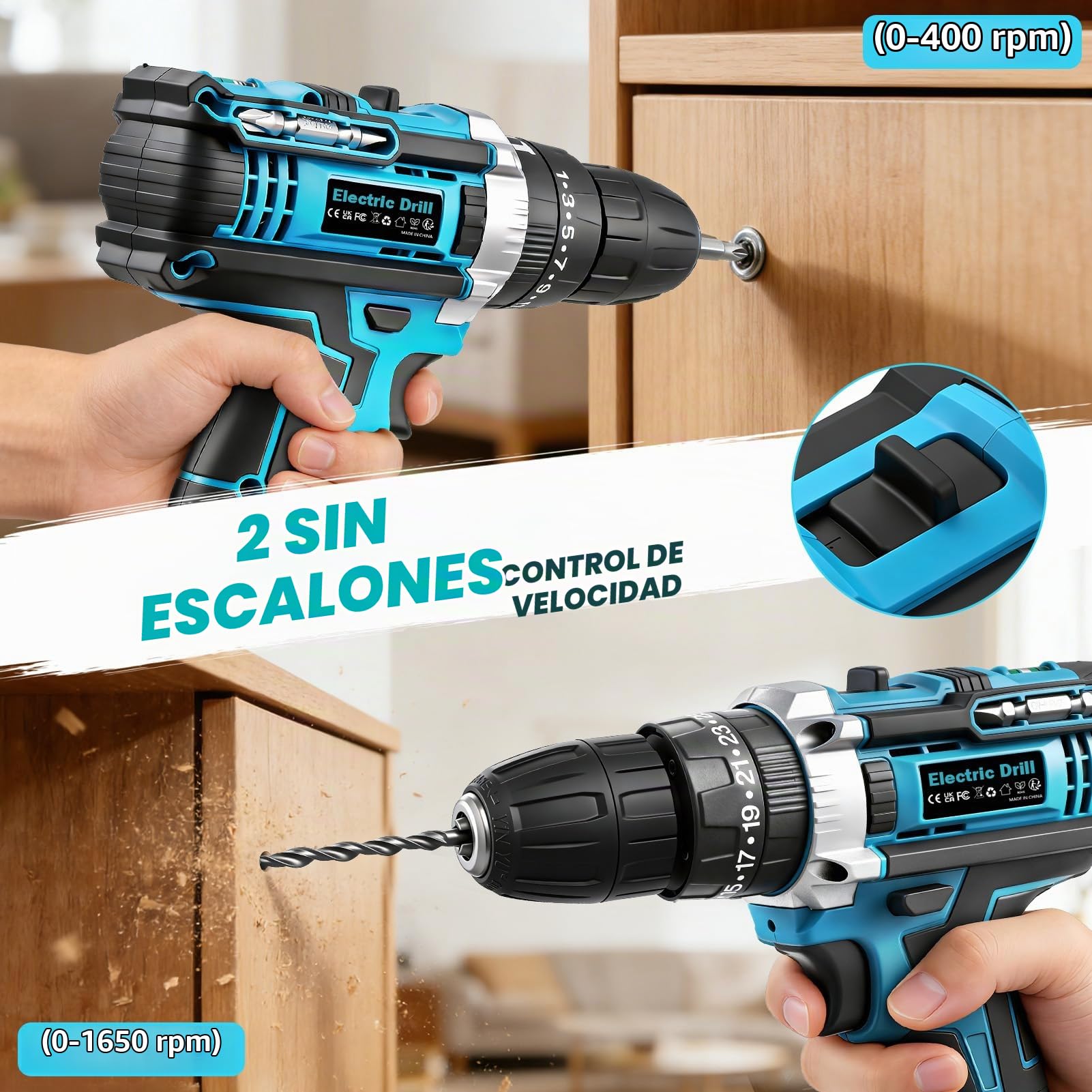 21V Destornillador Electrico, Taladro Percutor a Bateria con Batería 2000mAh, 25+3 Ajustes Par Máx 50Nm con 2 Baterías y Cargador Rápido, para Jardín Hogar y Bricolaje