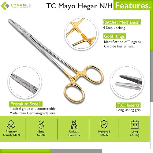 Miniatura 2 de Cynamed TC Mayo Hegar - Soporte para agujasutura con insertos de carburo de tungsteno y anillos de oro, instrumento de grado premium (6 pulgadas)
