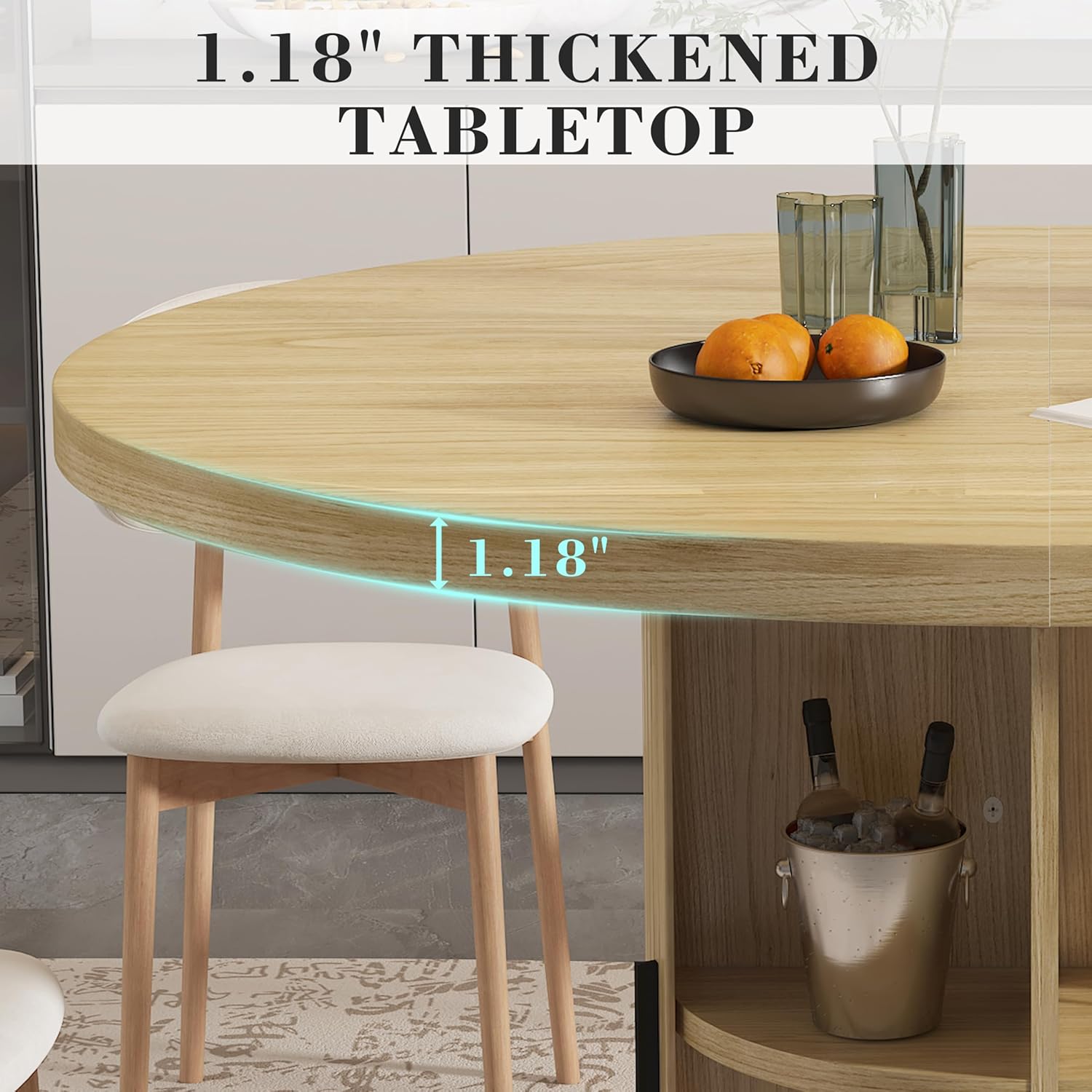 35.5'' Round Pedestal Dining Table, Modern Fluted Dining Room Kitchen Table with Storage Shelf, Wood Base Dinner Tables for Kitchen, Breakfast Nook, Small Space, Living Room(Natural)