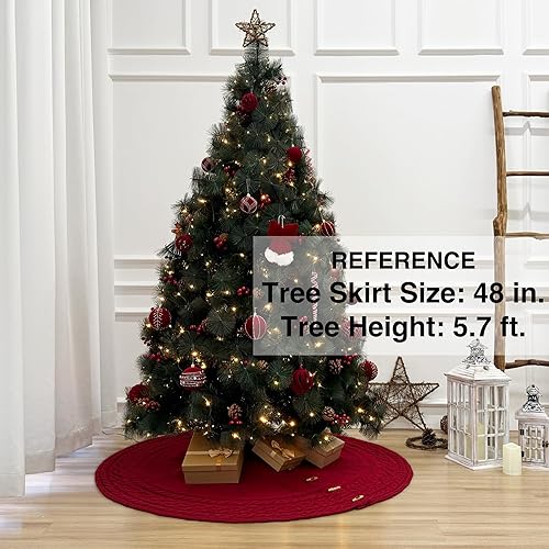 Miniatura 10 de Falda de árbol de Navidad de punto de 60 pulgadas redonda con botones de palanca de madera (rojo burdeos)